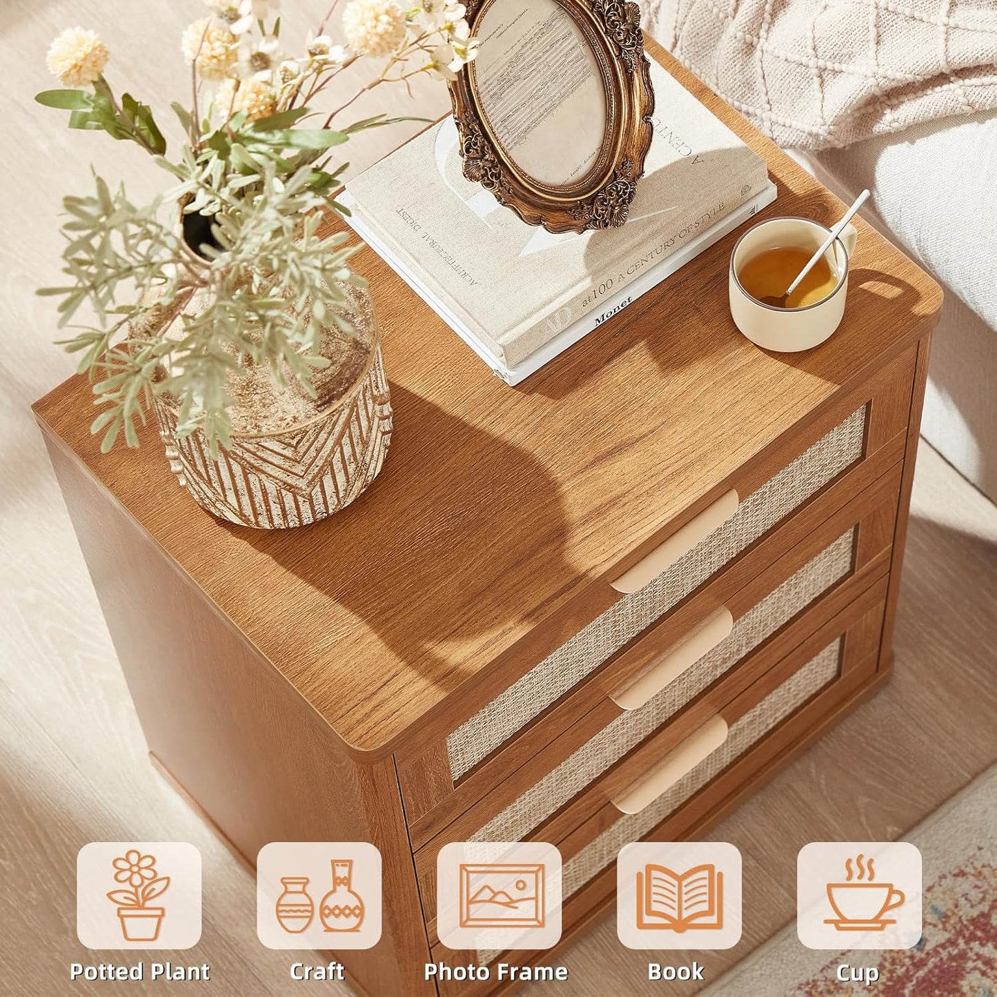 LEYAOYAO Boho Rattan Coffee Table and End Table Sets, 48" Wide Center Tables & 23" Night Stand with 3 Drawers, Brown Wood Coffee Table for Living Room 2 Piece Set