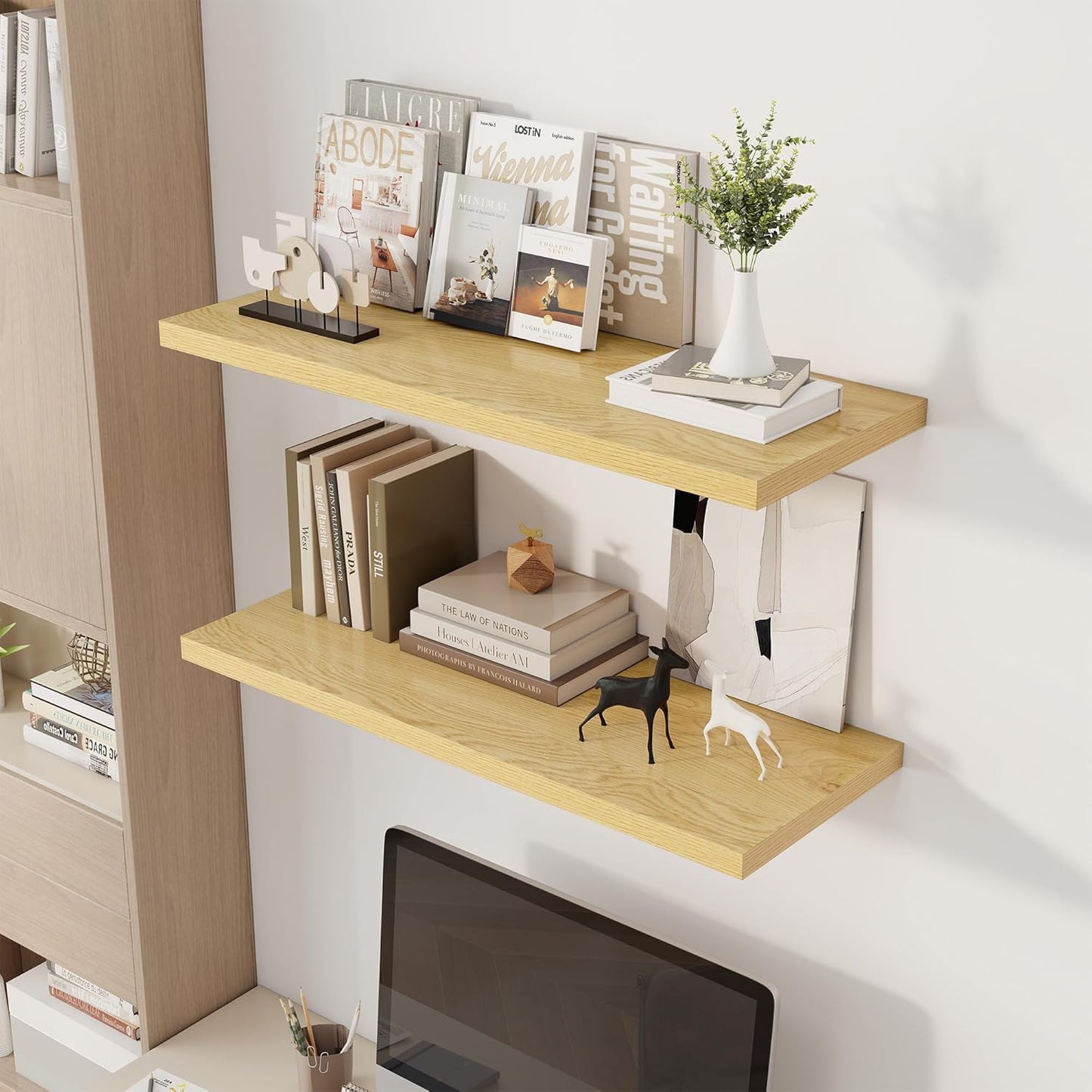 36" Floating Shelves for Wall, 12" Deep Slim Oak Floating Shelves, Wall-Mounted Shelves for Bedroom, Living Room, Kitchen, Bathroom - Set of 2