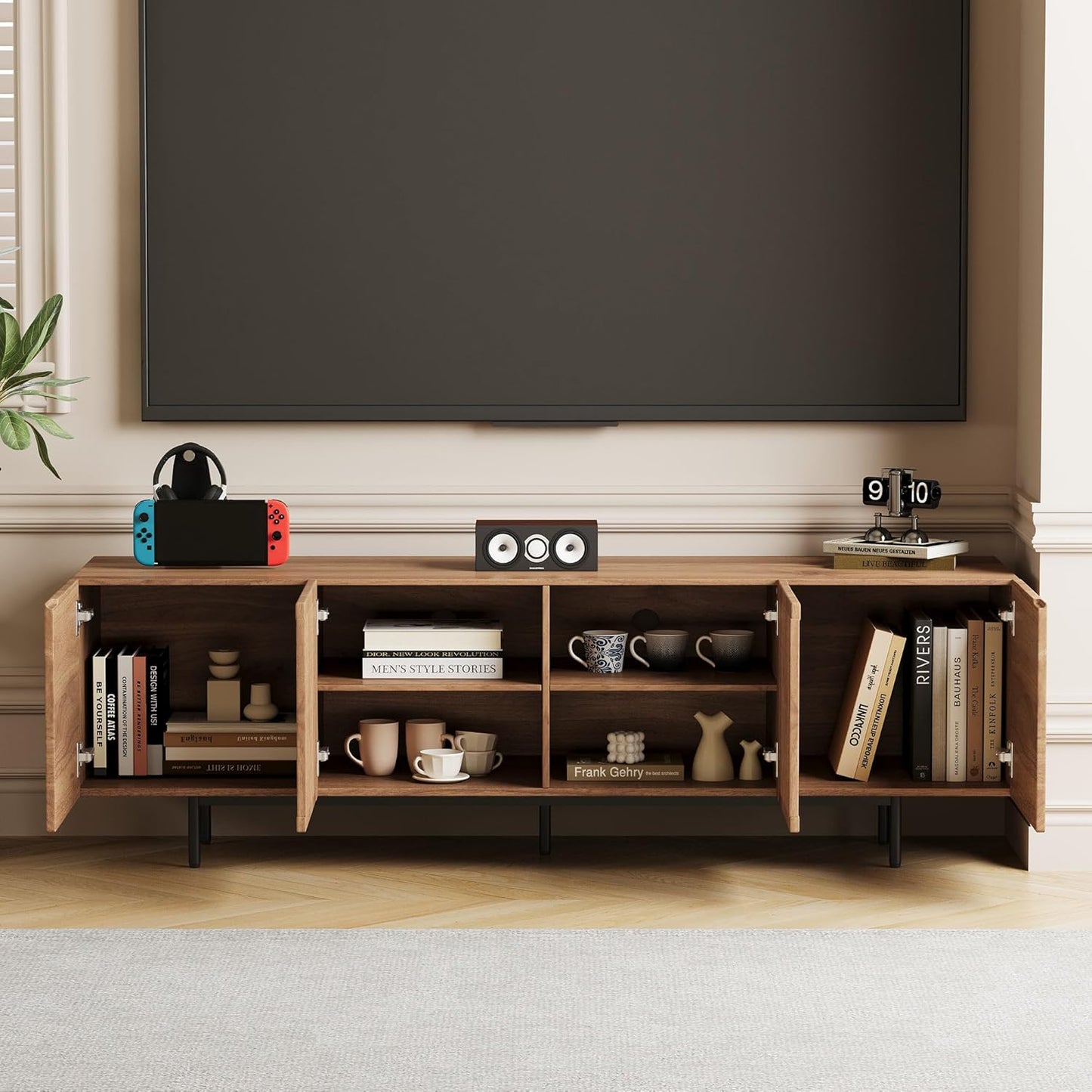 Mid Century Modern TV Stand for 70 Inch TVs, 70.87" Walnut Console with Ample Storage – Stylish Entertainment Center for Living Room or Bedroom