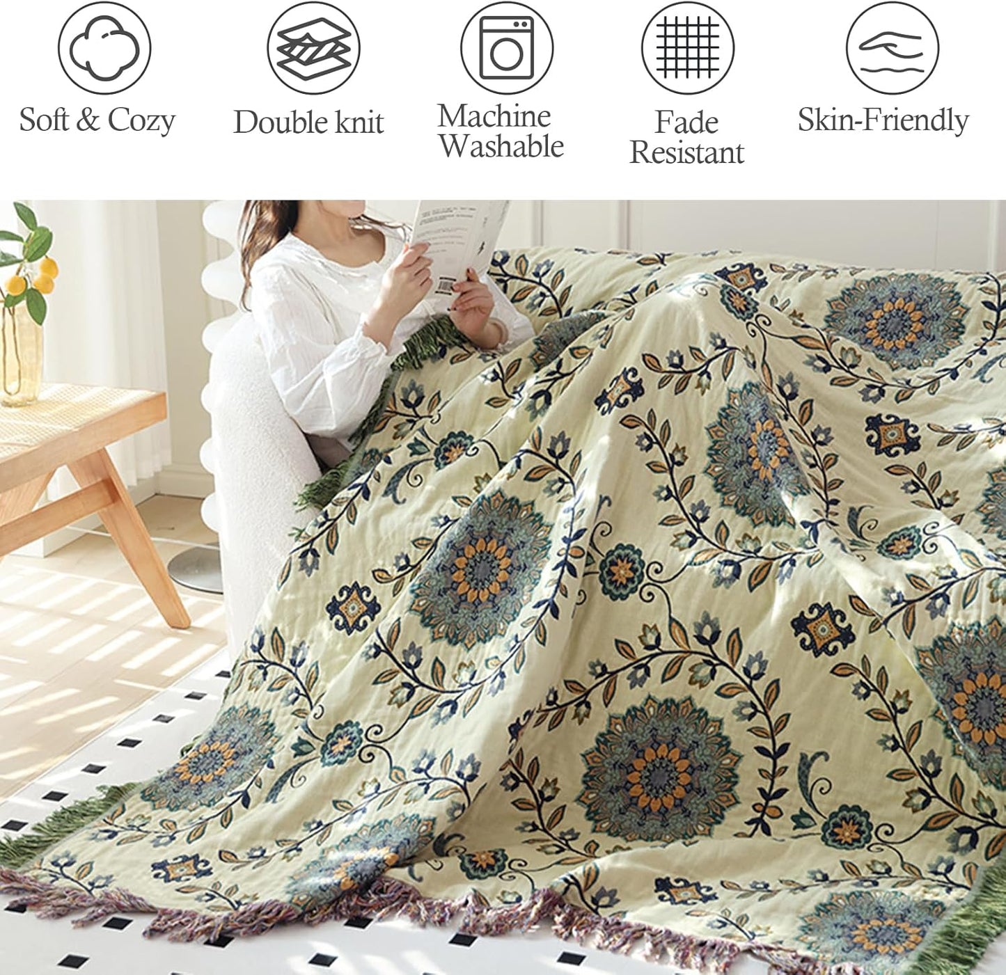 Snycler Boho Throw Blanket for Bed - 100% Cotton Ultra Soft Rustic Quilt - Blue Green Floral Printed Farmhouse Decor Bed Blankets, 80"×90" All Season Rustic Throw for Sofa Couch Chair