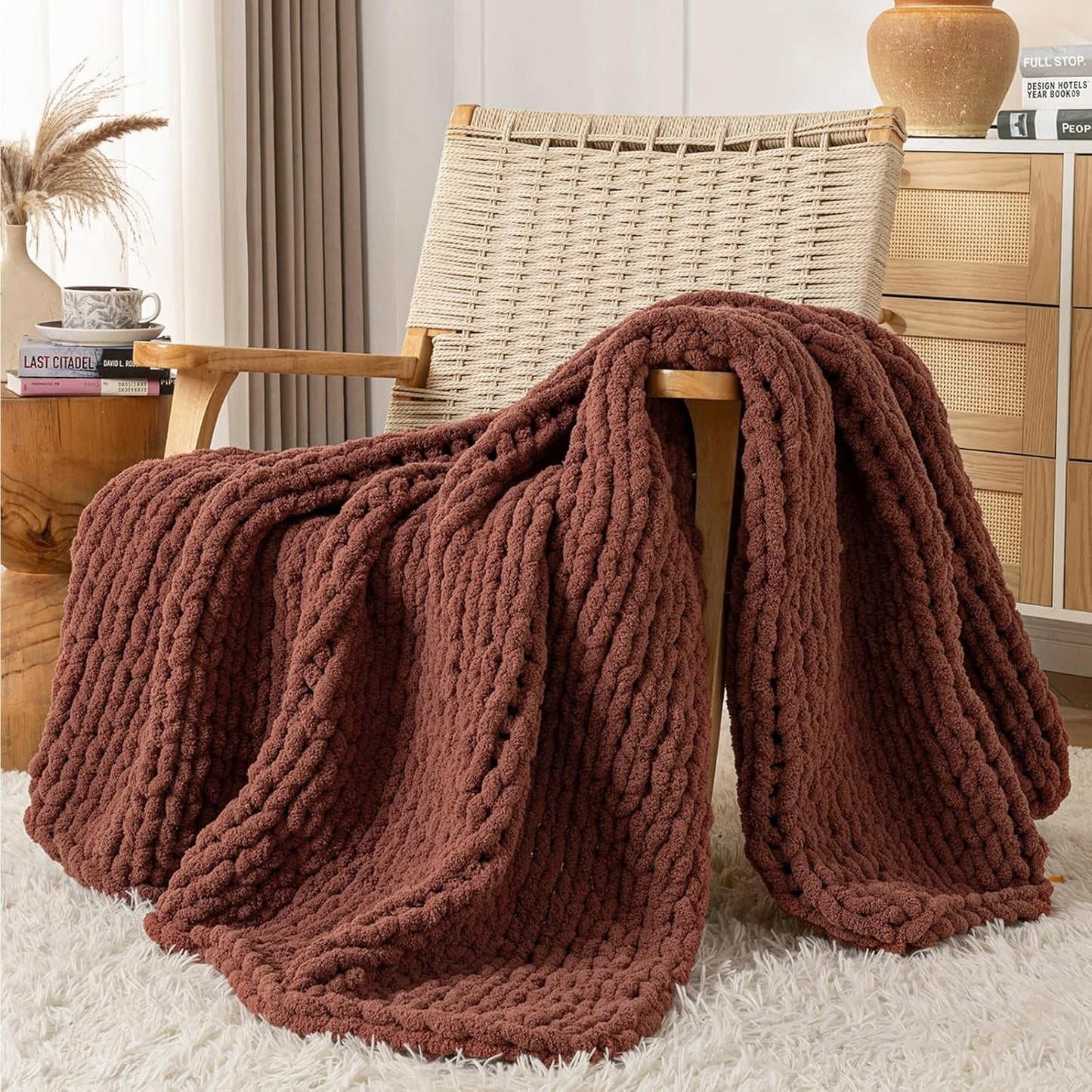 Chunky Knit Blanket Throw, 100% Hand Knit Throw Blanket Handmade Chenille Cable Knit Throw for Couch, Stylish Cozy Soft Rope Knot Crochet Blanket for Home Decor, Copper Brown, 60x80 Inches