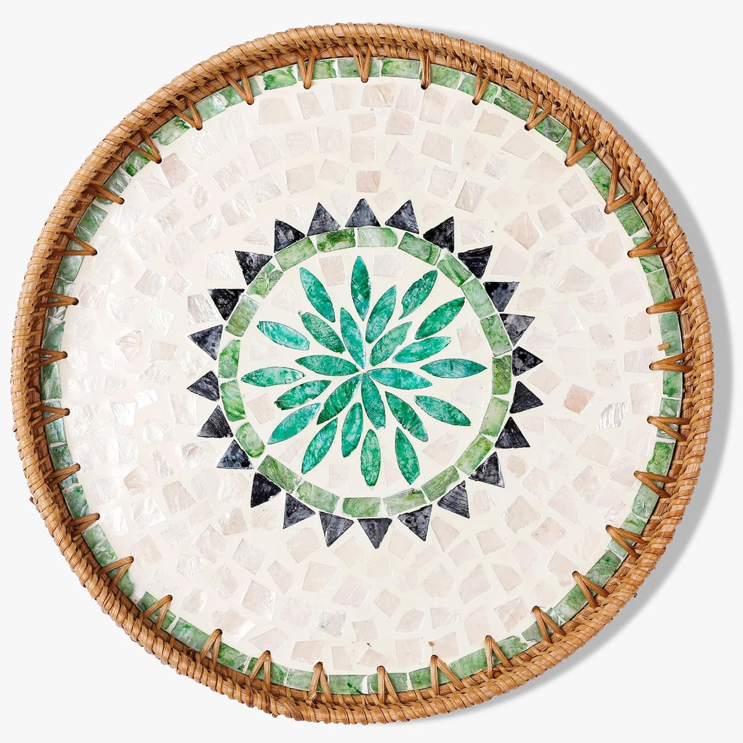 Round Rattan Tray with Mother of Pearl Inlay & Wooden Base - Decorative Wicker Serving Tray for Coffee/Bread/Fruits, Food Storage & Display - Multipurpose Home Decor (M,Bohemia)
