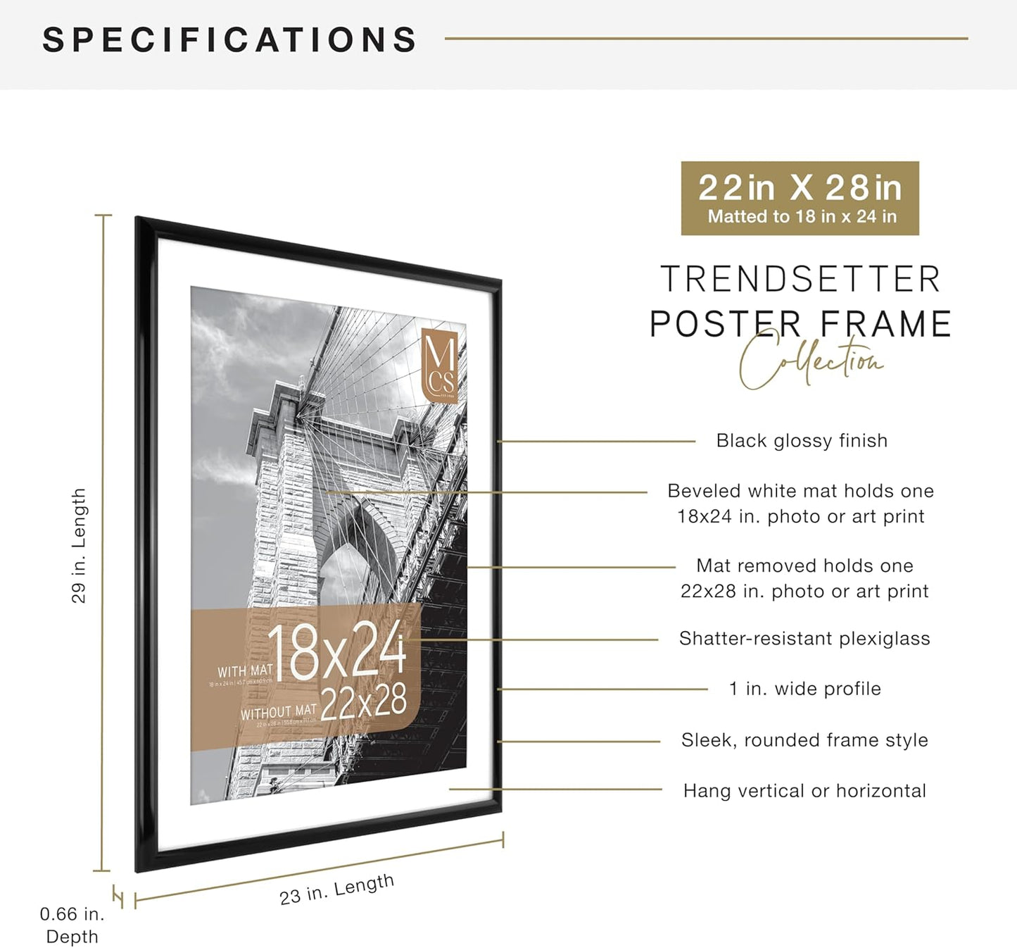 MCS Trendsetter 22x28 Matted Poster Frame with 18x24 Picture Display, Black Vertical & Horizontal Wall Hanging Large Picture Frame for Photos & Posters (1-Pack)