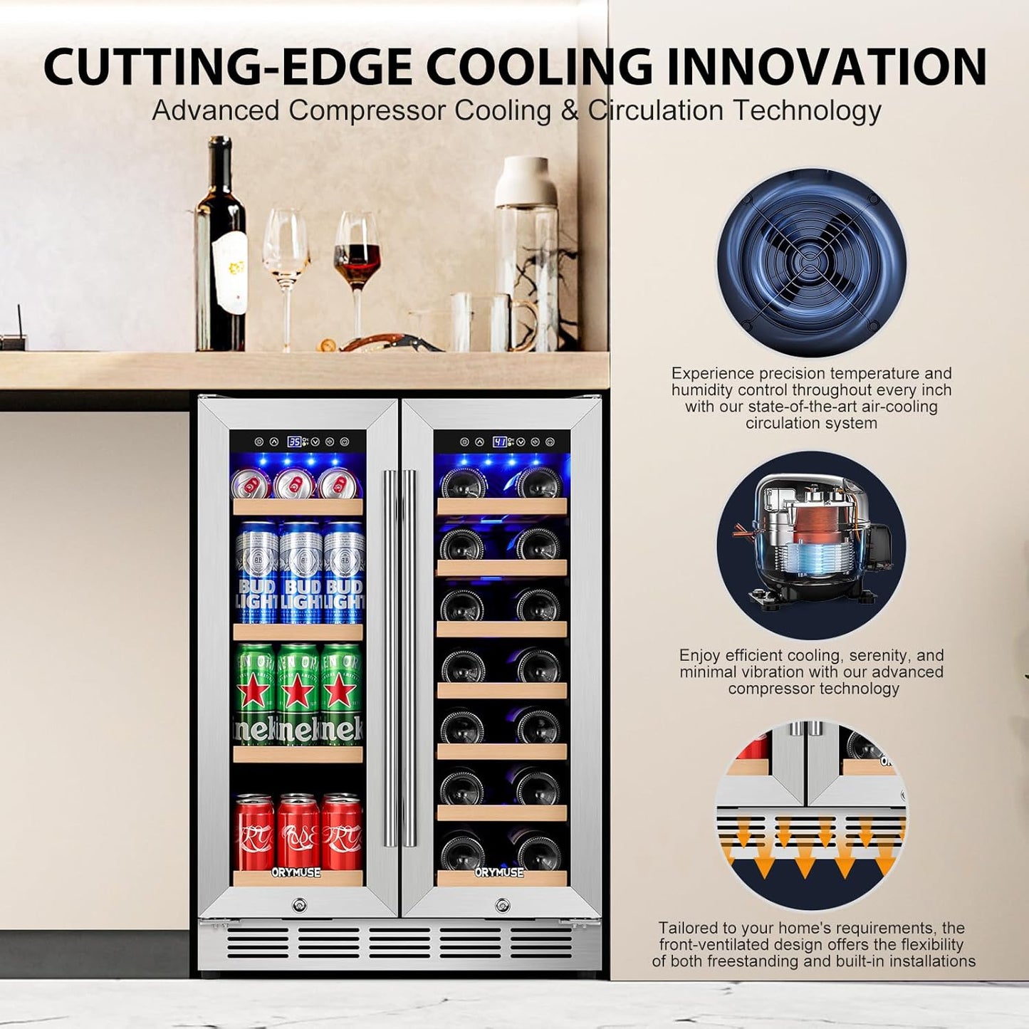 24 Inch Dual Zone Wine and Beverage Refrigerator, Built-in or Freestanding Cooler with French Doors, Drink Fridge with Upgraded Compressor for Beer, Wine, and Soda