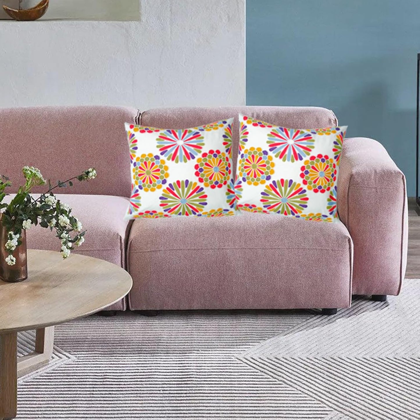 Embroidered Decorative Throw Pillow Cover, 18"x18" Set of 2, Farmhouse Pillowcase Colorful Knit Pattern Cotton Canvas Cushion Case Square Floral Pillow Case for Sofa Couch Bed Living Room