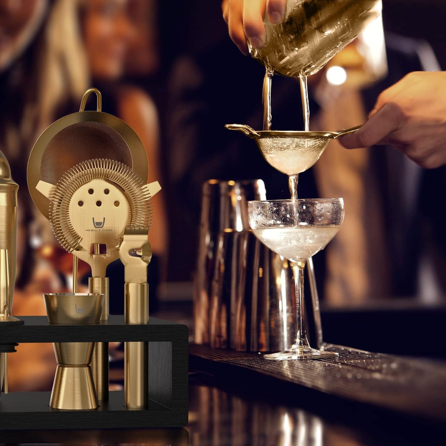 Highball & Chaser Bartender Kit with Espresso Bamboo Stand. Beautiful Cobbler Cocktail Shaker Set with Bar Tools Rustproof Stainless Steel Bar Set (Matte Gold)