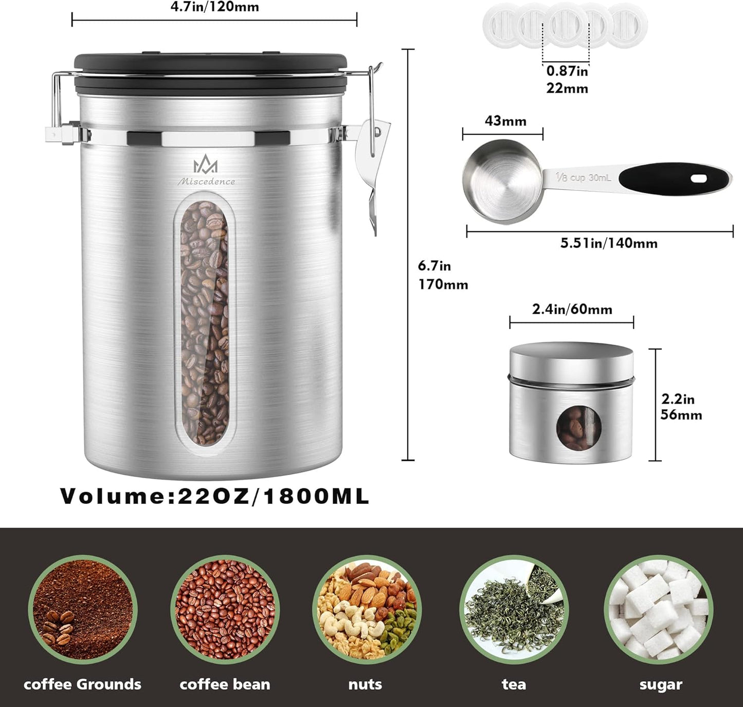 Coffee canister for ground coffee with Transparent Window,Date Tracker,CO2 Valve 304 Stainless Steel Kitchen Food Airtight storage container for Coffee Beans or Grounds, Tea, Sugar(Silver 22OZ)