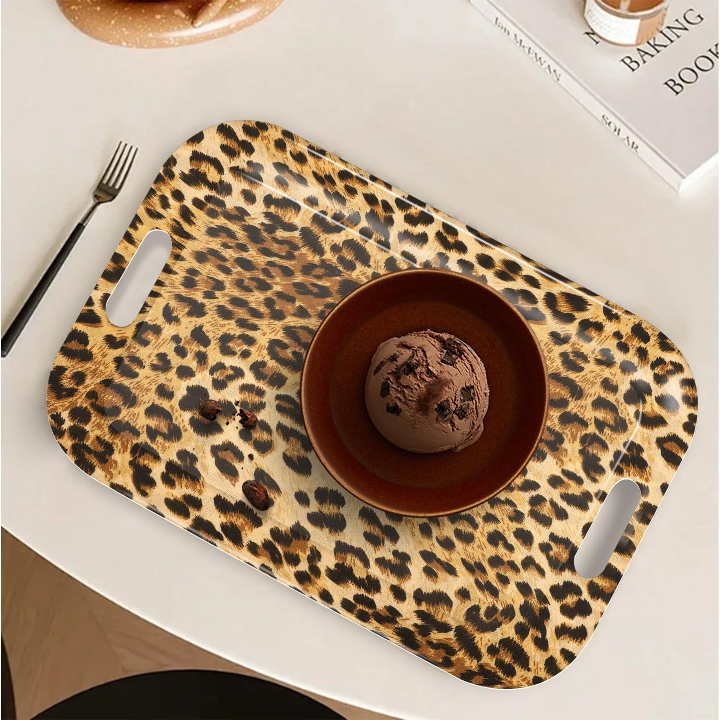 Serving Trays with Handles, 14.5 x 9.8 inch Rectangular Plastic Tray for Restaurant, Kitchen, Brown Leopard