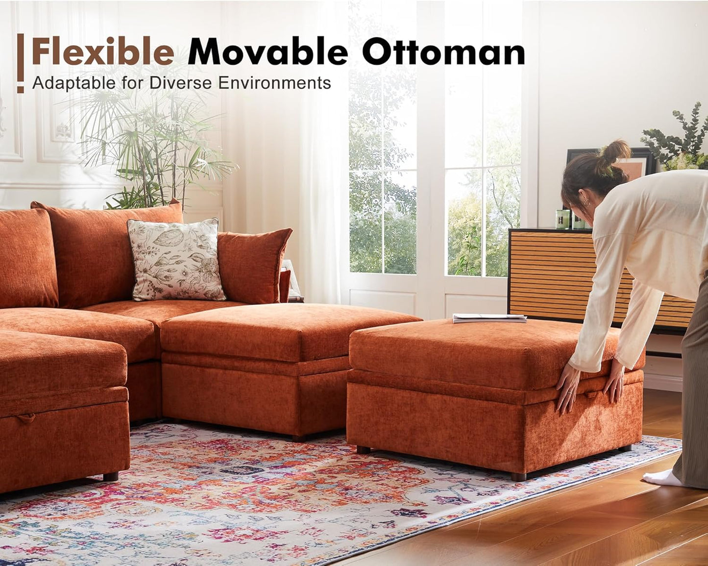 Luxury Modular Sectional Sofa, L-Shaped 3-Seat Couch with Storage Ottoman Deep Seat & Reversible Chaise Lounge Chenille Terracotta Orange for Compact Spaces, Apartments, Dorm