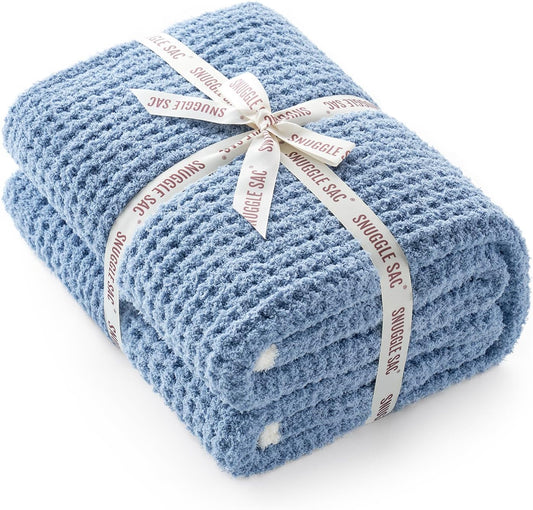 Snuggle Sac Ultra Soft Waffle Throw Blanket for Couch Bed Sofa 50x60 inches, Reversible Blue Blanket Microfiber Fluffy Fuzzy Cozy Knit Throws for Women Mothers Birthday Gifts