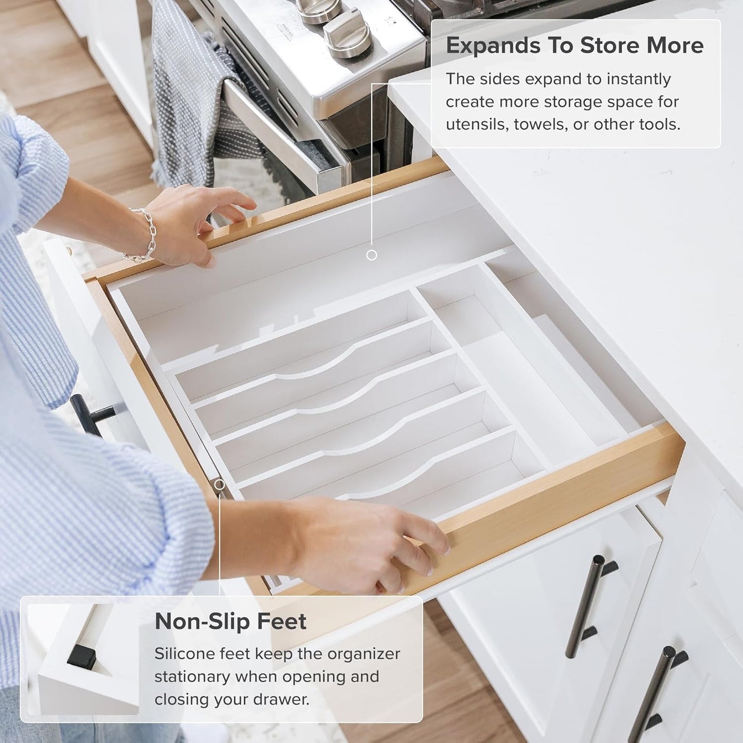 Premium Silverware, Flatware and Utensil Organizer for Kitchen Drawers, Food-Safe Contract Grade, Expandable from 10.5 to 19 In, White Bamboo