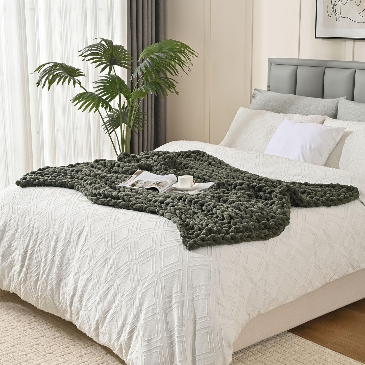 Esterra Chunky Knit Blanket Throw, 100% Handmade Chenille Throw Blanket 40"x50", Soft Thick Yarn Cable Knit Crochet Throw Blanket Rope Knot Throw for Couch Bed Sofa, Dusty Olive