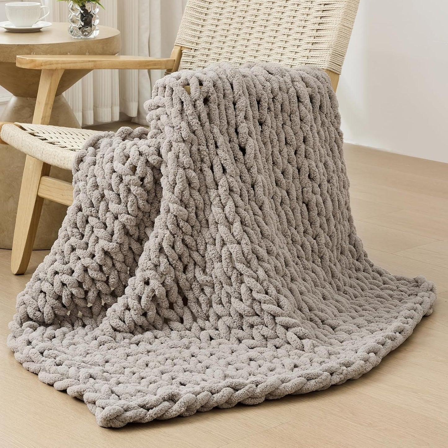 Bigacogo Chunky Knit Throw Blanket for Couch, 40x40 inches, 100% Hand Knitted with Thick Jumbo Chenille Yarn, Cozy Soft Large Rope Knot Cable Crochet Blankets for Sofa Bed Living Room, Taupe