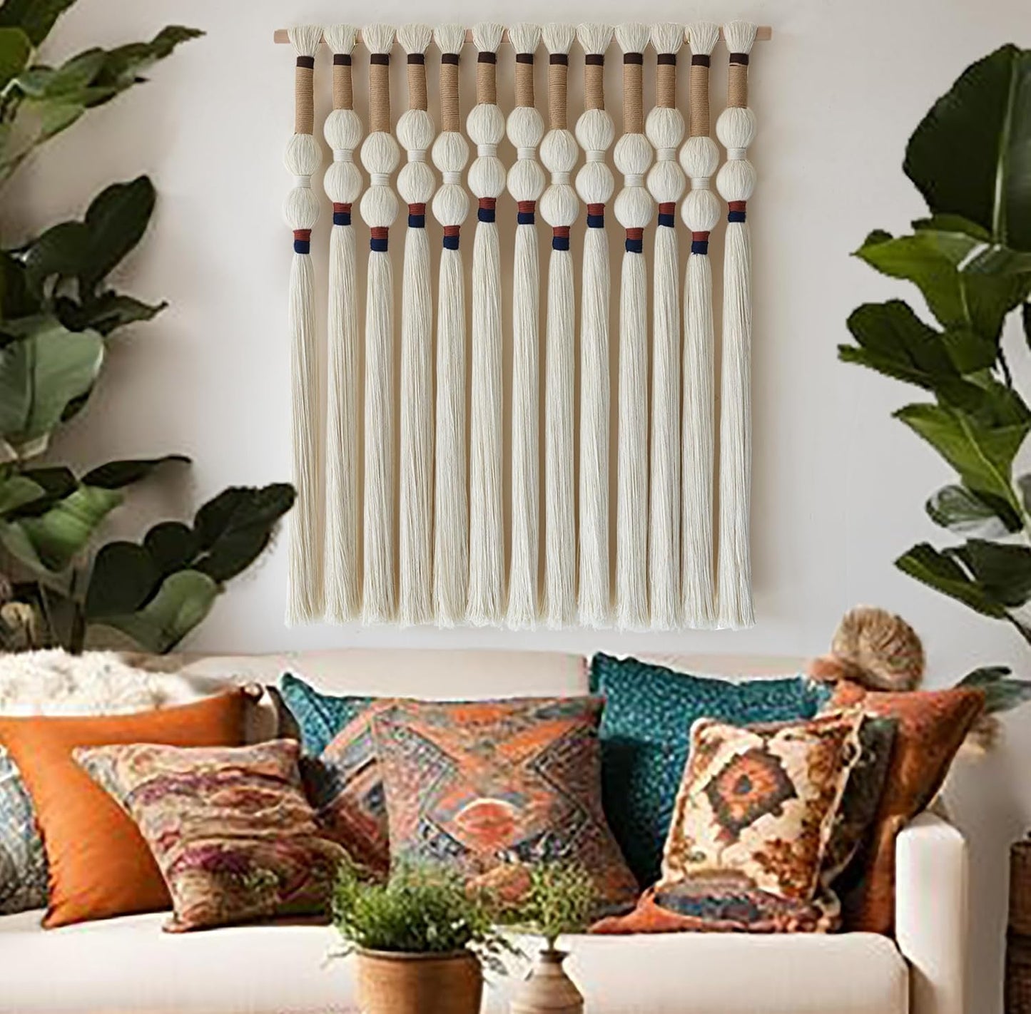 Macrame Wall Hanging Boho Wall Art Handmade Spherical Knot Design with Tassel Fringe, Boho Decor for Bedroom Living Room, for Home Decoration 27" W x 33" L