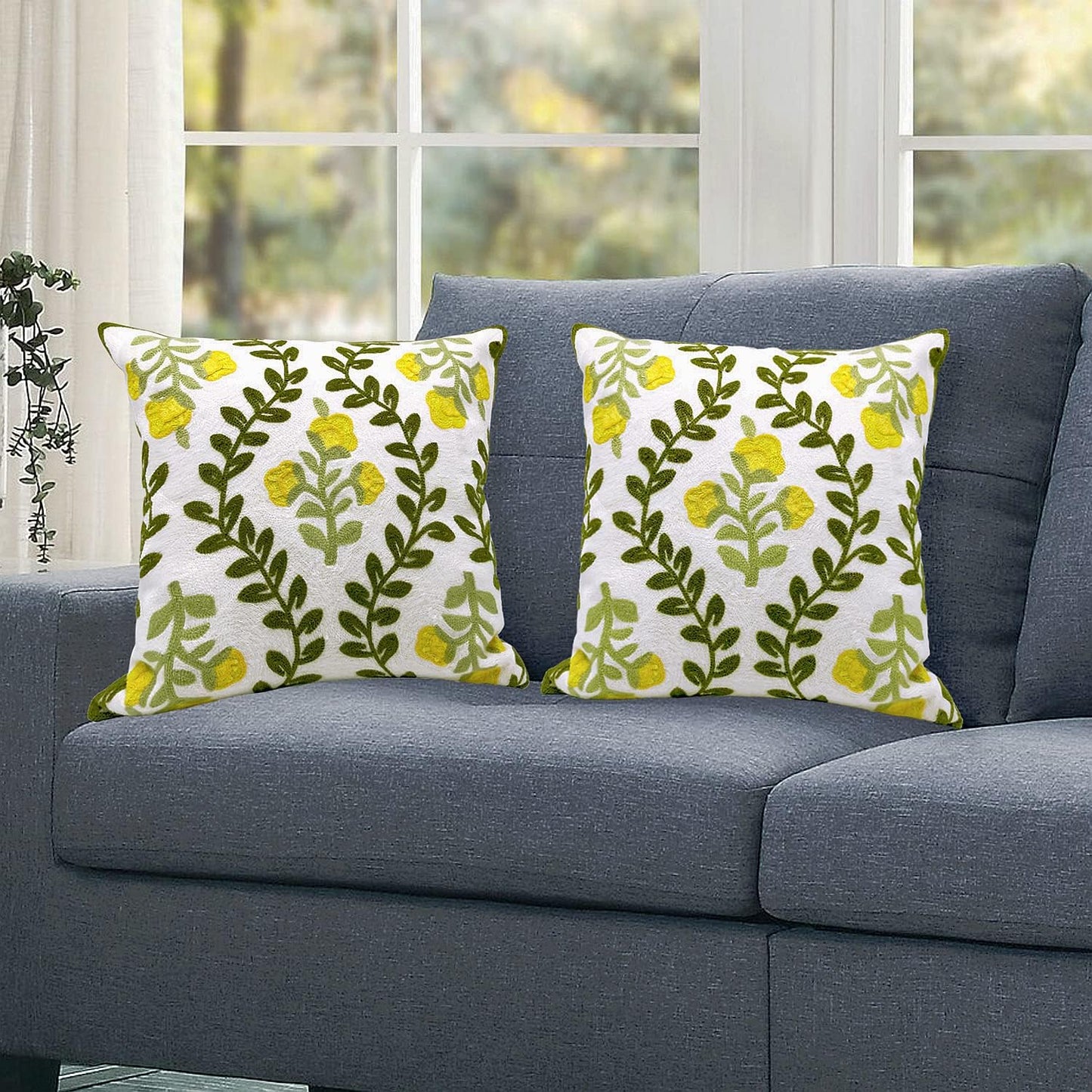 Alysheer Floral Embroidered Summer Decorative Throw Pillow Cover 18"x 18" Set of 2, Farmhouse Cottage Yellow Flower Green Leaves Patterned Cotton Cushion Case for Couch Bed Living Room Outdoor Decor
