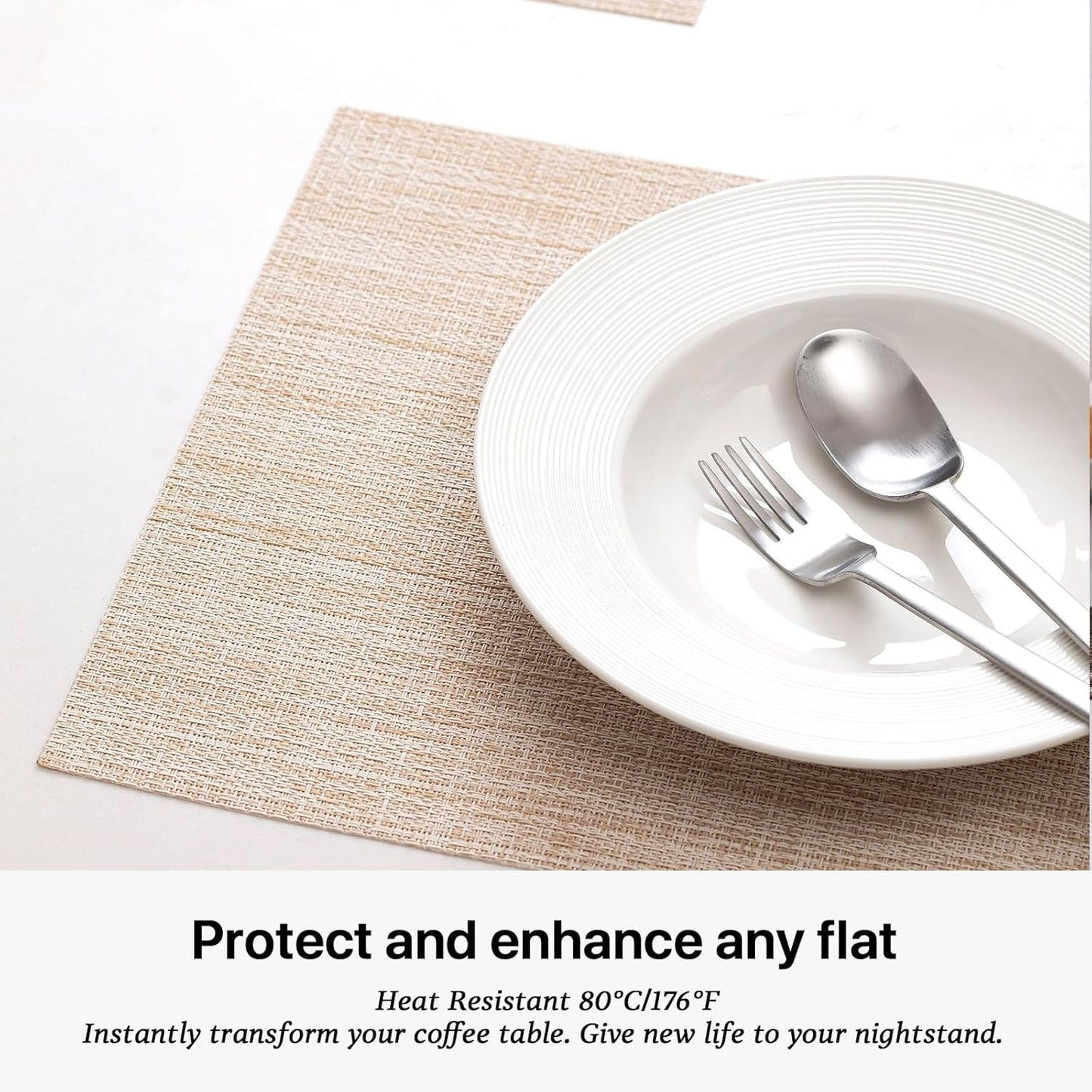 LEXMORE Placemats Set of 8 Vinyl/Plastic Woven Place Mats for Kitchen Table Indoor/Outdoor Washable Placemat Wipeable Dining Table Mats(A-Beige)