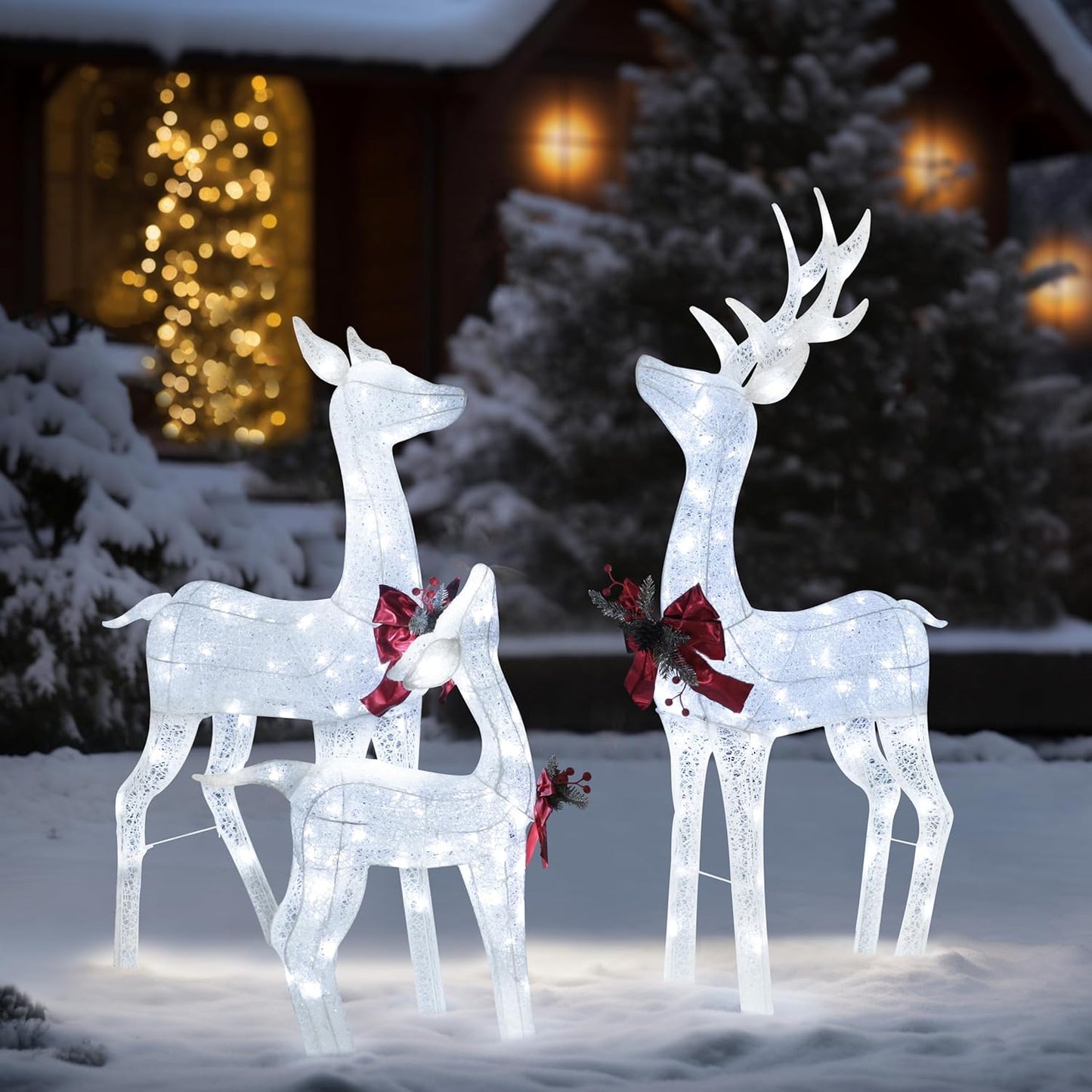 4.5FT Lighted Reindeer Family Set for Christmas Decoration, 3 Pieces Pre-Lit Iridescent Deer Xmas Decor with 200 LED Lights, 3D Glittered Standing Holiday Display for Outdoor, Indoor, White