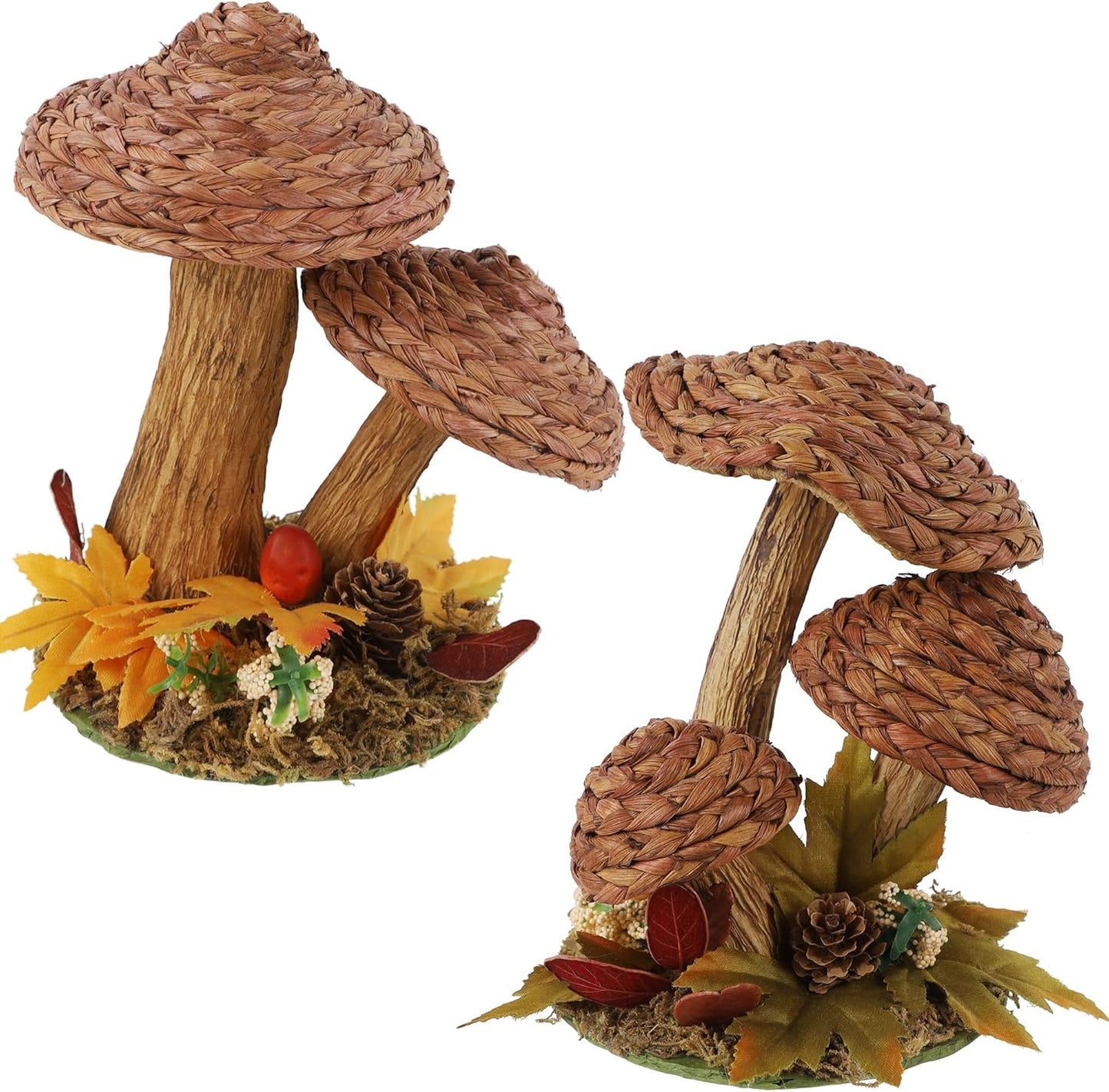 winemana 2 Pack Mushroom Fall Decor - Handmade Woven Mushrooms Figurines, Rustic Farmhouse Table Centerpieces for Thanksgiving, Autumn Home, Shelf & Kitchen Decor