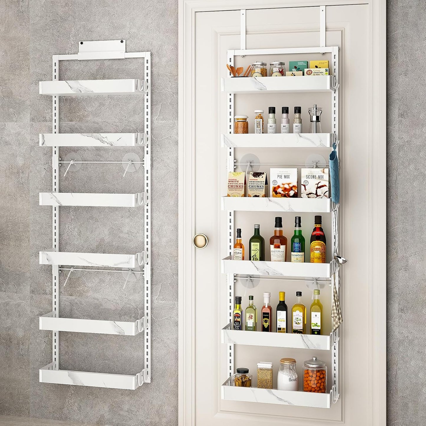 bukfen Over the Door Pantry Organizer, 6-Tier Adjustable Basket Kitchen Pantry Door Organization and Storage, Heavy-Duty Metal Hanging Kitchen Spice Rack,D6.3 x W17.32 x H50.60 inch,White Marble Color