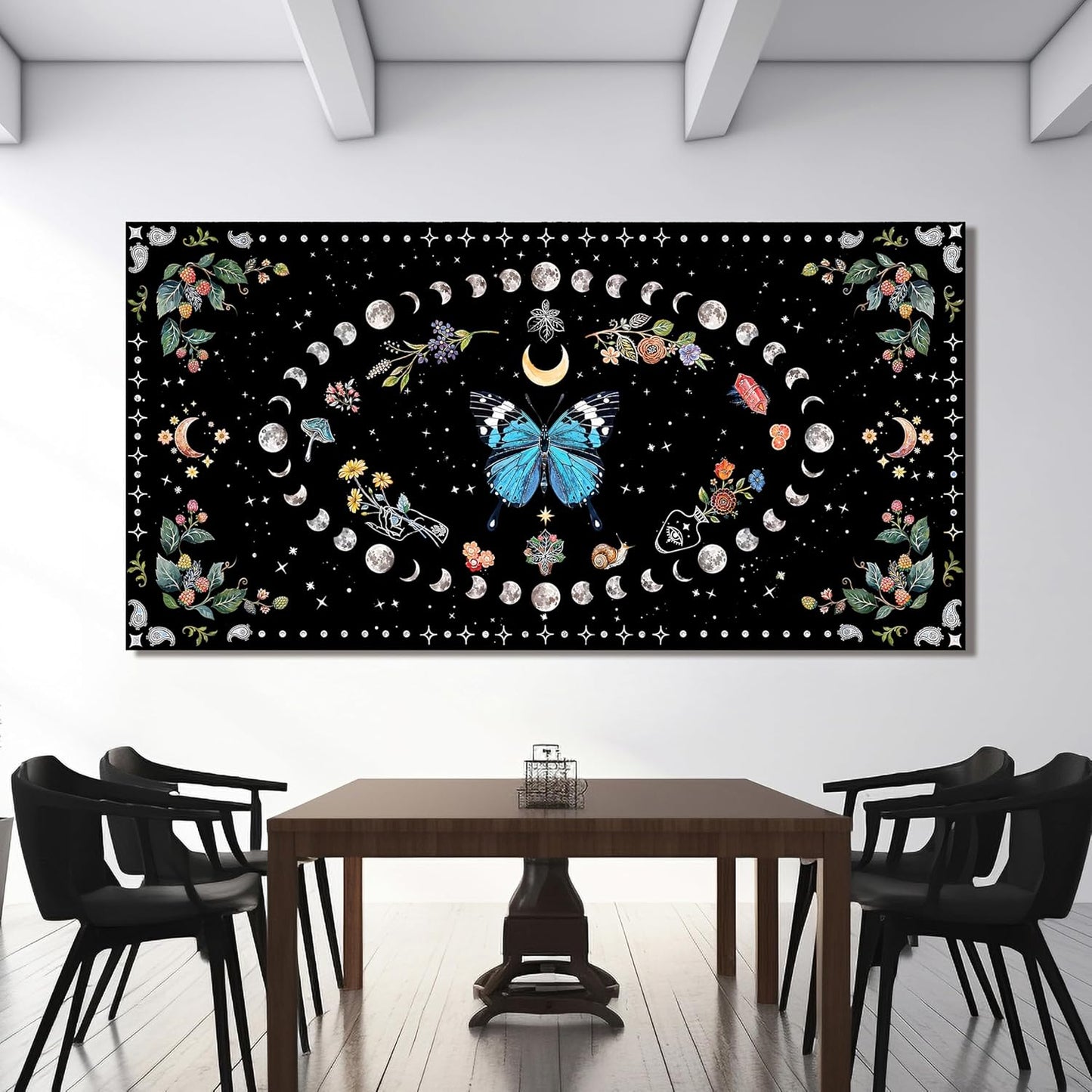 Large Canvas Wall Art Blue Boho Wall art Decor Canvas Art Wall Decor Wall Pictures for Living Room Vintage Butterfly Wall Art Moon Flower Prints Large Artwork for Walls Home Room Decor 29" X 58"