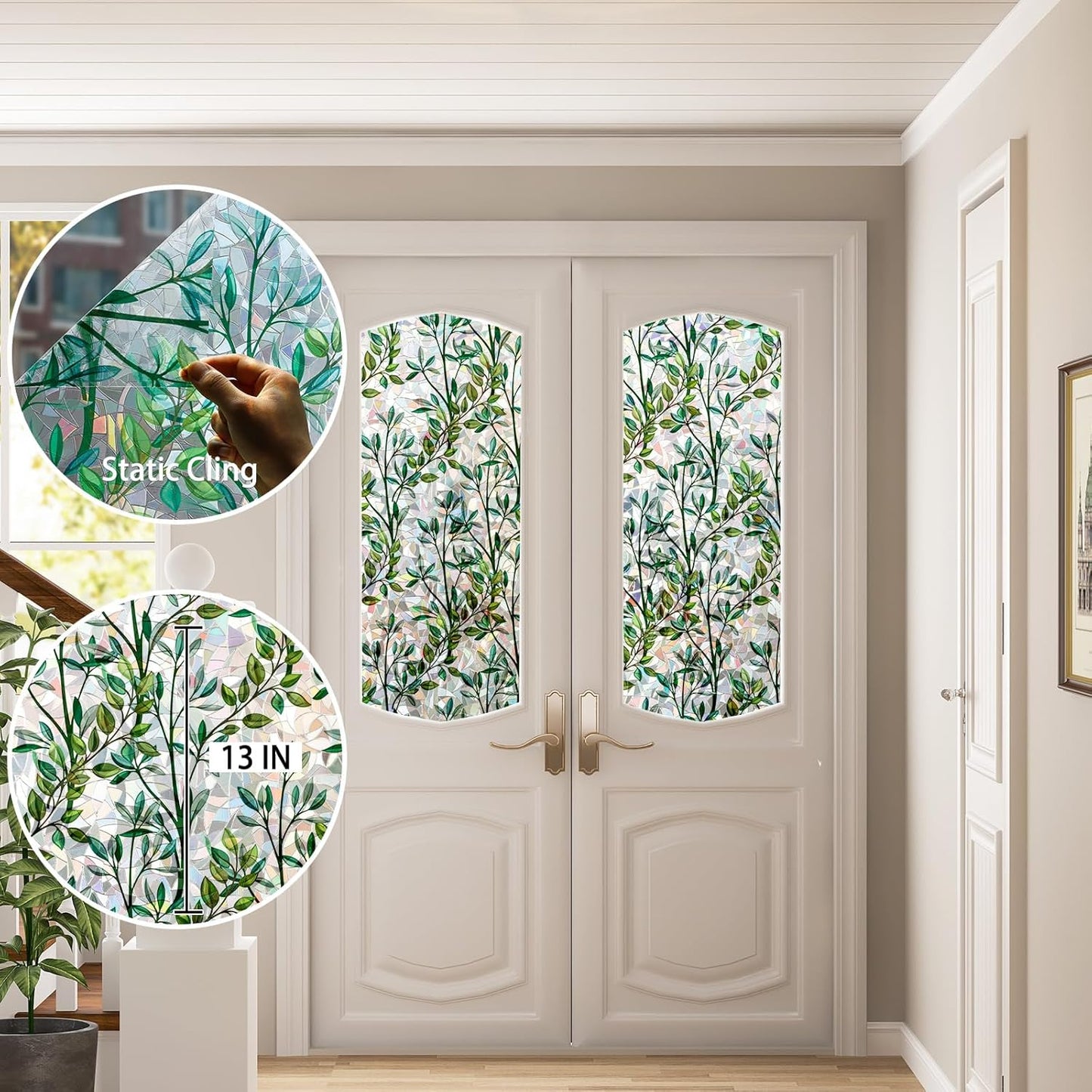 Rainbow Window Privacy Film 3D Leaf Decorative Stained Glass Window Film Anti UV Non-Adhesive Reusable 17.5" x 78.7" for Home Room Car Glass Cling