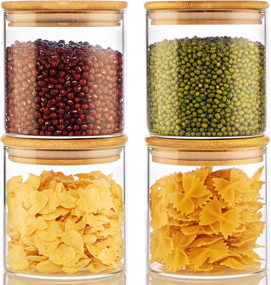 21oz - 4 Pack Glass Jars with Bamboo Lids, Glass Food Storage Containers with Airtight Lids, Air Tight Pantry Storage Containers for Coffee, Sugar, Spice, Meal Prep Jars for Salad & Fruit