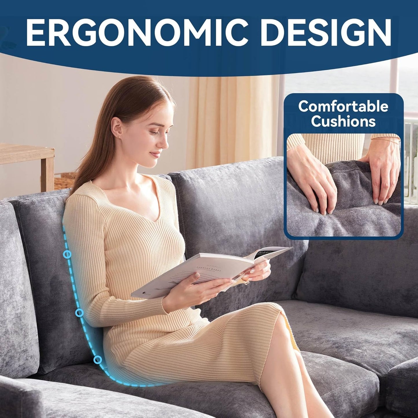 Tbfit Convertible L Shaped Couch, Sectional Sofa for Living Room,Chenille Cloud Couch with Ottoman 4 Seat (Grey)