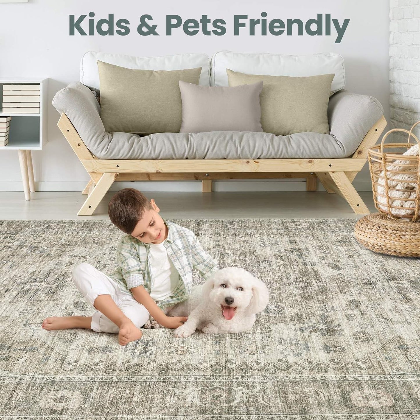 Washable Area Rugs for Living Room - 7x9 Neutral Vintage Distressed Floral Farmhouse Boho Large Soft Floor Rug Indoor Non Slip Carpet for Living Room Bedroom Dining Room Office - Brown/Tan