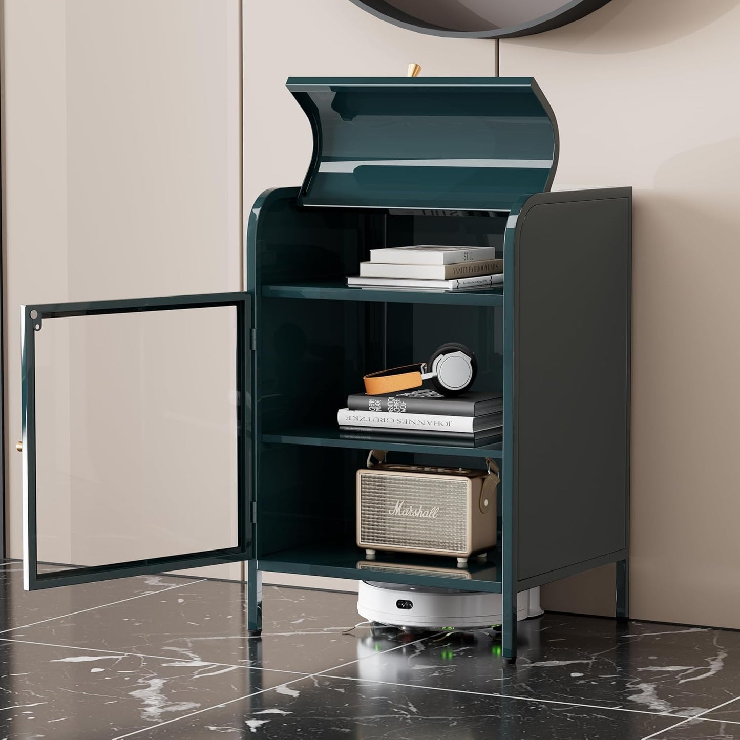 Modern Metal Side Tables Set of 2, End Tables with Glass Door, 2-Tier Nightstands with Storage Shelves, Accent Table, Slim Sofa Table for Living Room, Bedroom (Green)