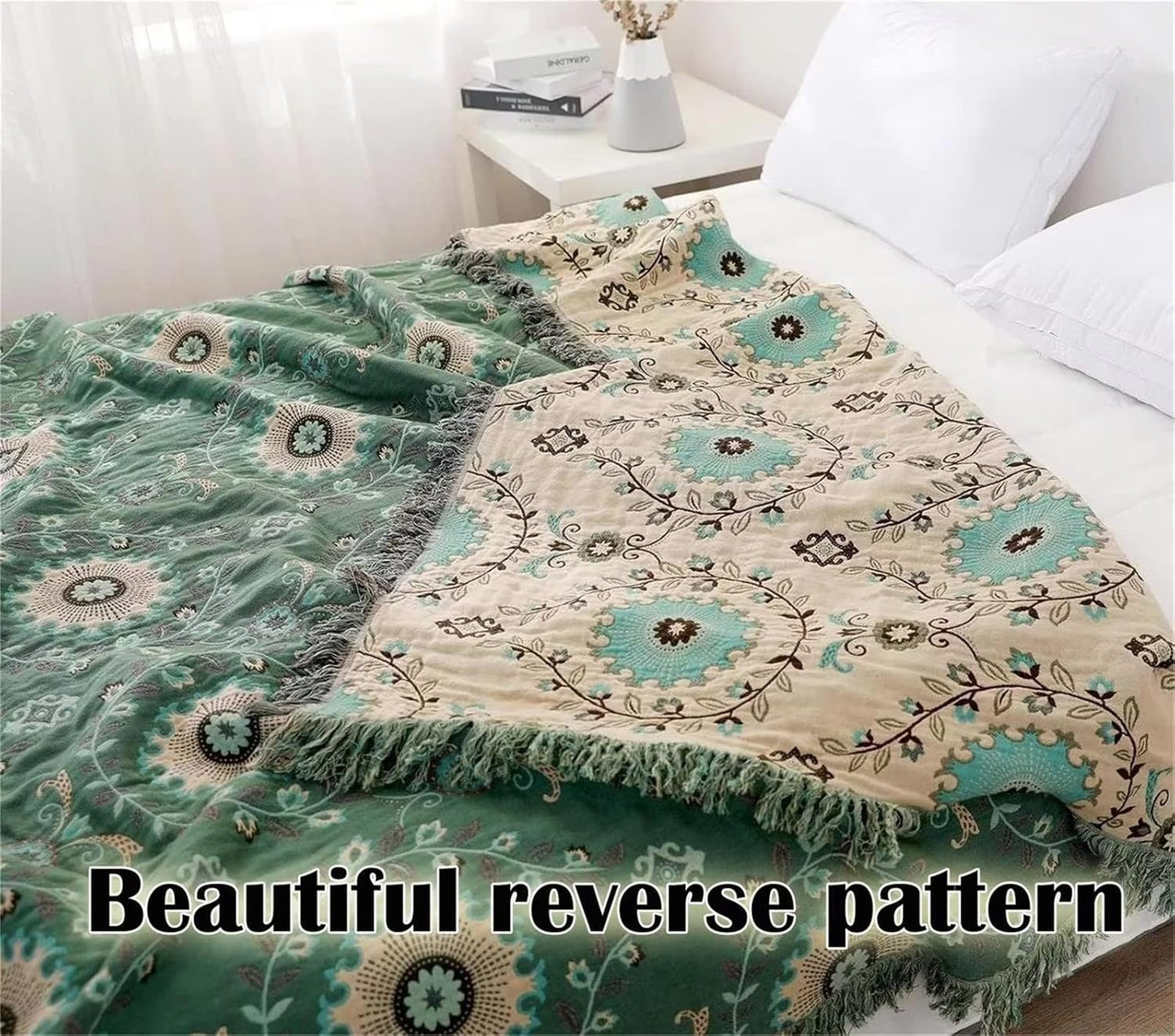MSGKV Boho Throw Blanket for Couch Bed 100% Cotton Blankets Woven Green Blanket,Versatile Double Sided, Super Soft Warm Blanket 60''x 80''