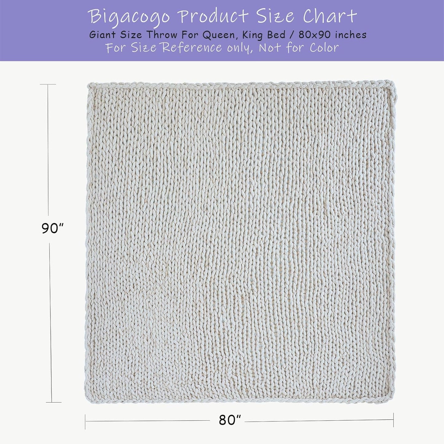 Bigacogo Chunky Knit Throw Blanket for Couch, 80x90 inches, 100% Hand Knitted with Thick Jumbo Chenille Yarn, Cozy Soft Large Rope Knot Cable Crochet Blankets for Sofa Bed Living Room, White