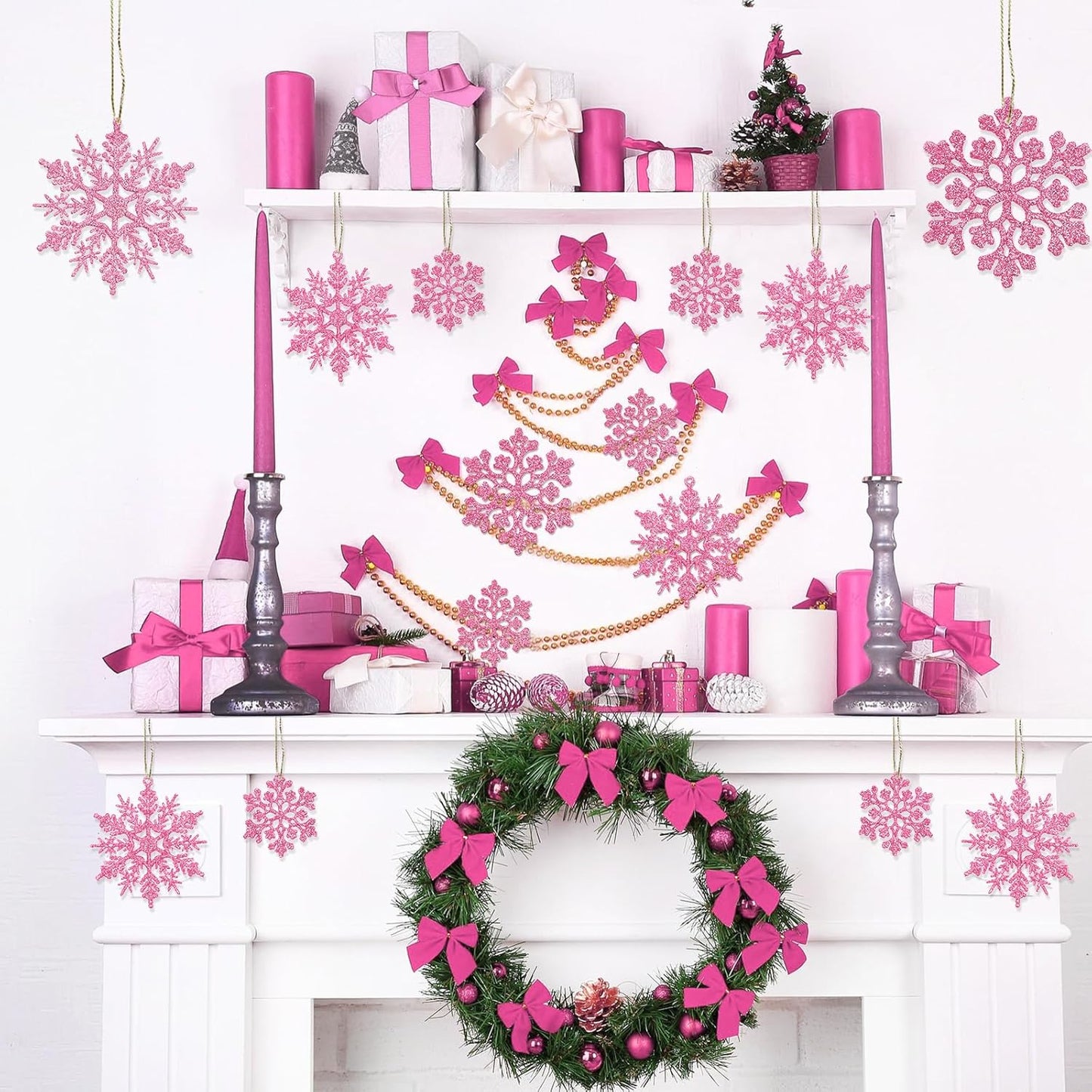 36pcs Christmas Light Pink Snowflake Ornaments Plastic Glitter Snow Flakes Ornaments for Winter Christmas Tree Decorations Size Varies Craft Snowflakes