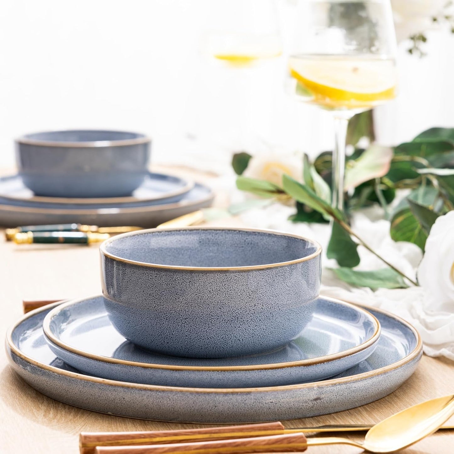 GBHOME Ceramic Dinnerware Sets for 4, 12 Pieces Stoneware Plates and Bowls Sets, Scratch Resistant Dishe Set for Dinner, Dishwasher & Microwave Safe, Brunnera Blue