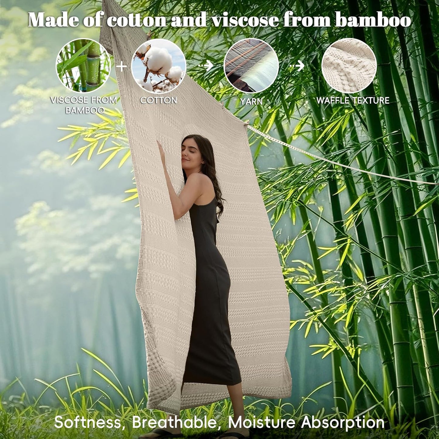 PHF Cooling Waffle Blanket Queen Size, Lightweight 60% Rayon Derived from Bamboo & 40% Cotton Breathable Blanket for Hot Sleepers, Soft and Luxury for Bed Couch and Sofa, 90"x90", Linen