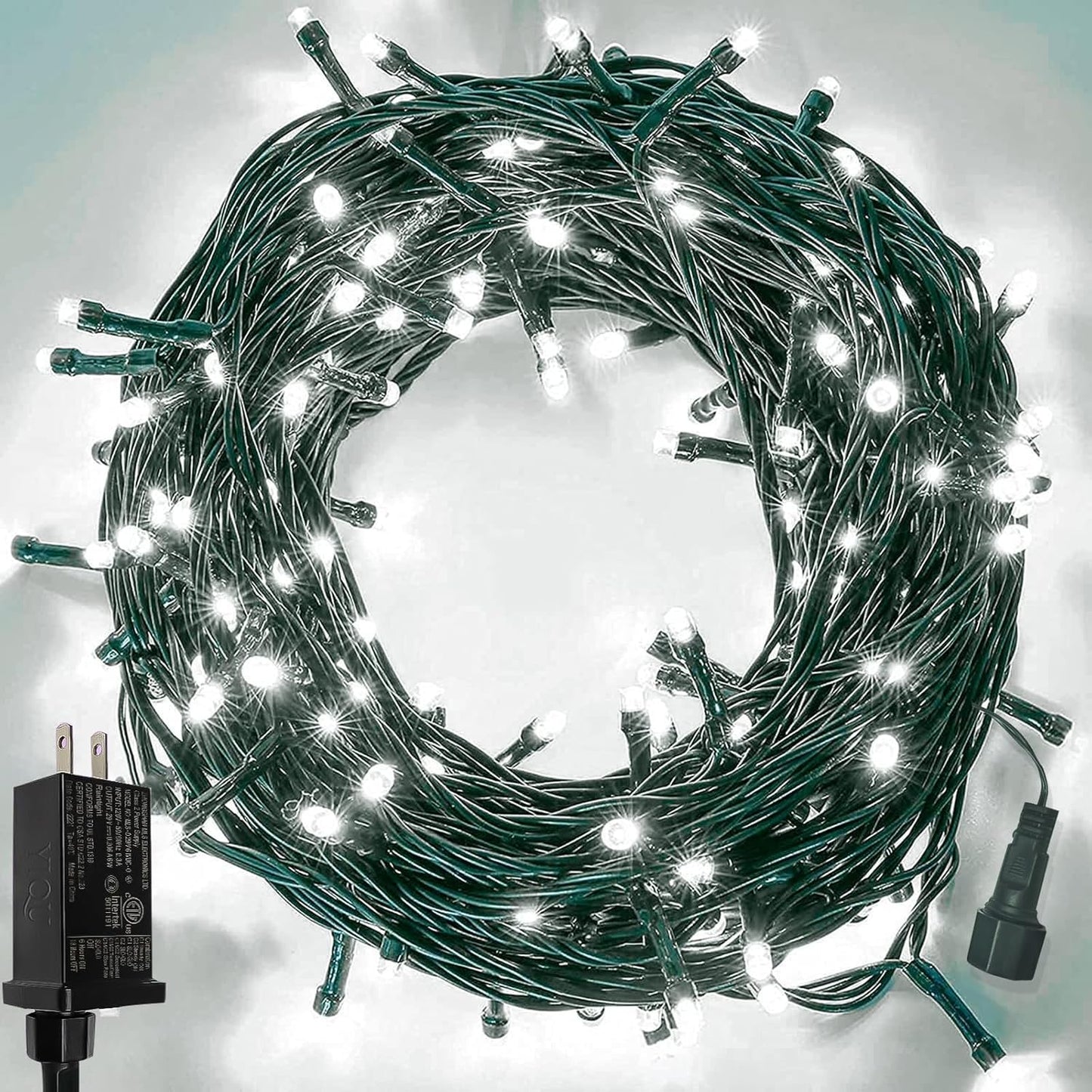 Upgraded 33 FT 100 LED Christmas Lights Outdoor Indoor, Extendable Waterproof White String Lights with Memory Function & Timer & 8 Modes Green Wire for Xmas Tree Holiday Party Garden Decor(Cool White)