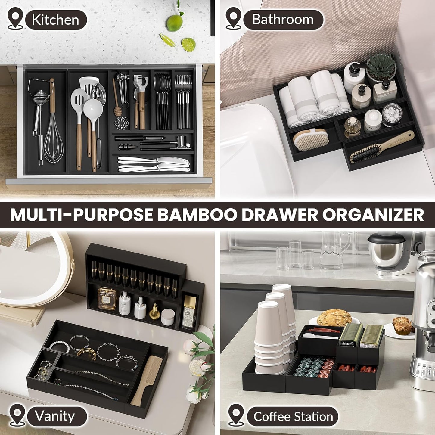 Kitchen Drawer Organizer Bins, Stackable Bamboo Drawer Organizer for Silverware, Flatware, Deep Office Desk Organizer Tray, Desktop Pen, Office Organization Black 9" x 6" x 2.5"(Set of 2)