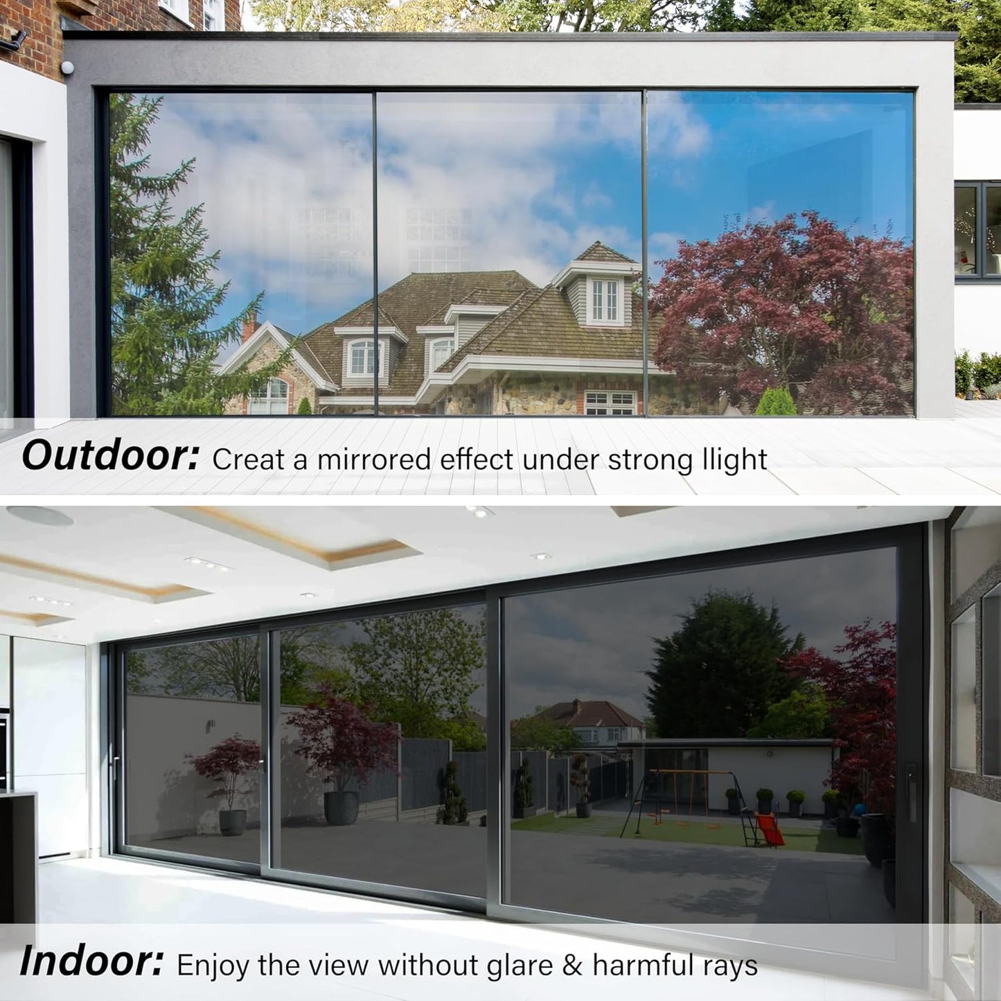 Kromapolis One Way Window Privacy Film Reflective Mirror Home Window Tint, Daytime Privacy Heat Control Anti UV Glass Tinting Static Cling (Black-Silver, 17.5 x 78.7 inch)