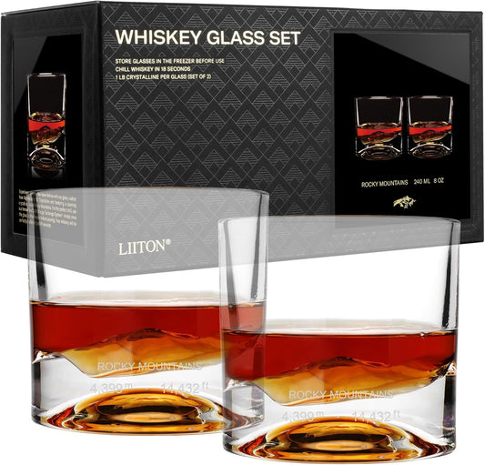 Rocky Mountains Heavy Crystal Whiskey Glasses Gift Set of 2, Thick Freezable Bourbon Glass 1lb Each, Premium Whiskey Gifts for Men, Frozen Crystal Chills Cocktails, 10 oz