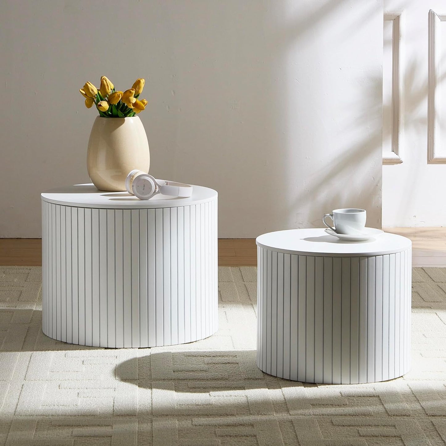 Nesting Cofee Tables Set of 2 with Storage, Modern Round Wooden Coffee Table Circle Side Tables Accent Walnut Table for Living Room, Small Spaces, Bedroom,Balcony, Office(19.17" White)