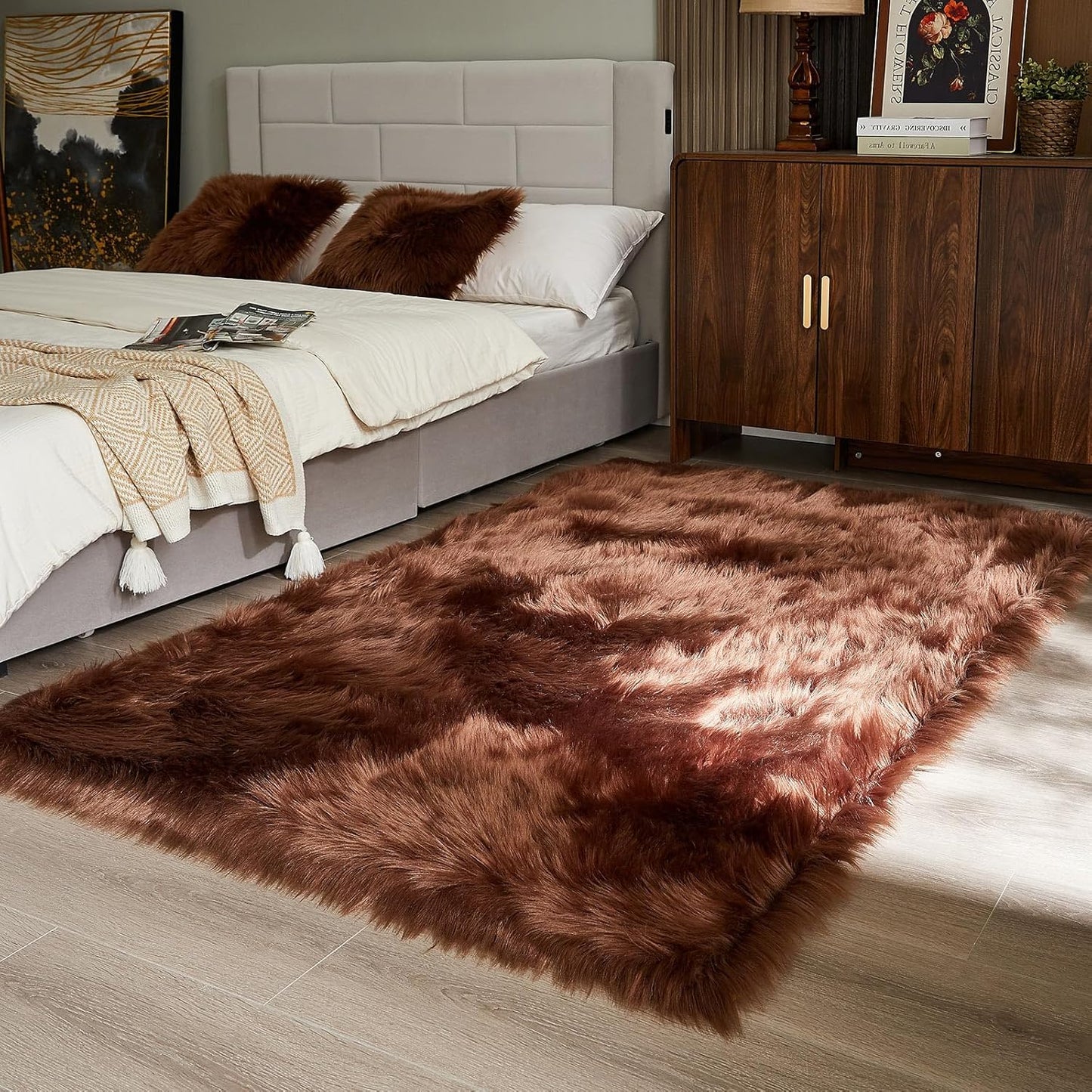 AMTOVO Faux Fur Sheepskin Rug for Living Room, 4 x 6 ft Coffee Fluffy Area Rug for Bedroom, Playroom, Luxury Room Decor, Rectangle