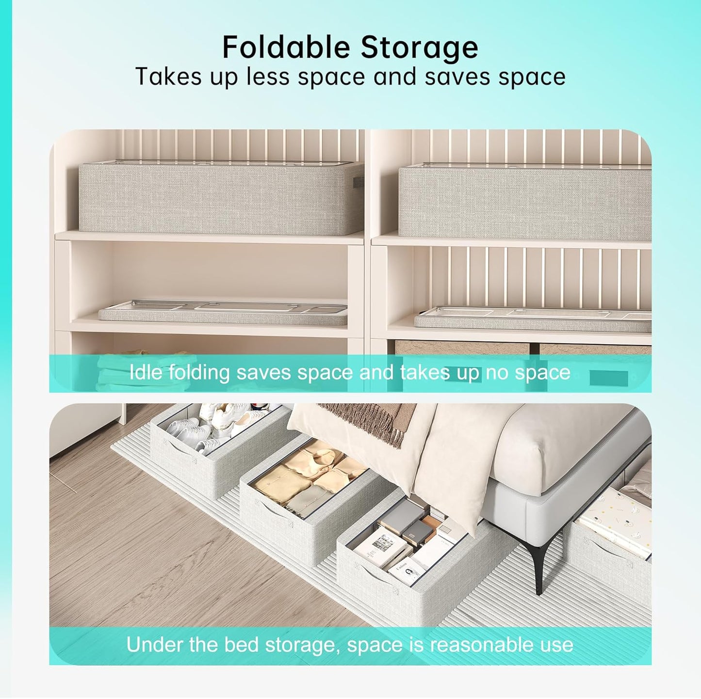 3PCS Under Bed Storage Bins with Metal Frame, Linen Fabric Frame Storage Box Clothes Organizer Bins, Underbed Container with Clear Window (Light Grey, 23.6 x 13 x 6IN)