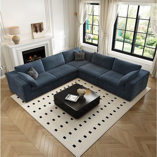 118" Cloud Couch Oversized Modular Sectional Sofa for Living Room,Modern Sofa with Deep Seat，V Shaped Boneless Couch,Comfy Upholstered Corduroy Couches for Apartment, Studio, Office,Bedroom，Blue