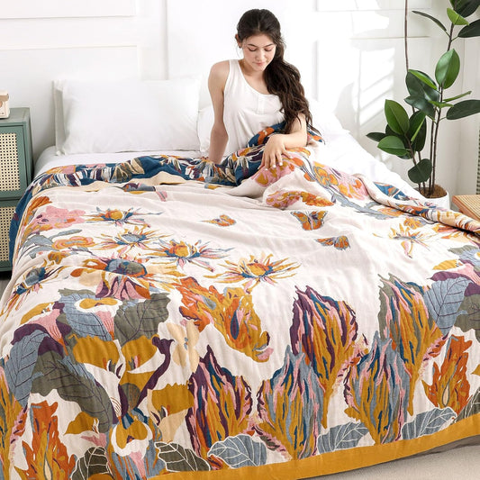 Boho Throw Blanket for Bed - 100% Pure Cotton Ultra Soft Rustic Quilt - Farmhouse Decor Bed Blankets, All Season Rustic Throw for Sofa Couch Chair(80''x 90'', Floral)