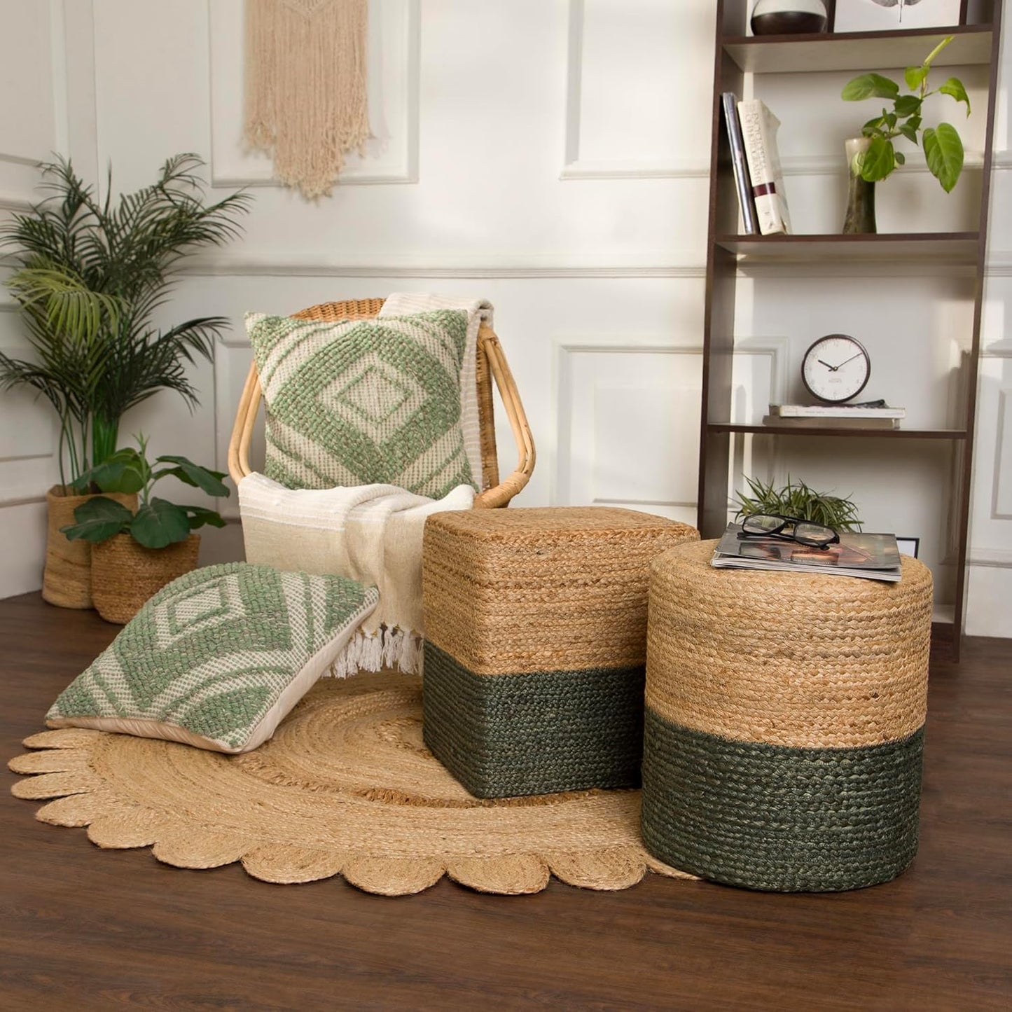 REDEARTH · Cube Pouf Foot Stool Ottoman - Jute Braided Pouffe Poof Accent Sitting Footrest for The Living Room, Bedroom, Nursery, Patio, Lounge - Set of 2 (14.5”x14.5”x16”; Natural Olive)