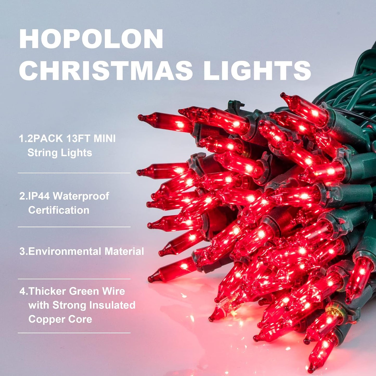 Hopolon 50 Red Christmas Lights, 2PACK Green Wire 13 Feet Long String Lights Set for Outdoor Indoor Décor, Valentines Day, Wedding, Halloween, Christmas Trees, Holiday Lighting Decor(2pcs Red)
