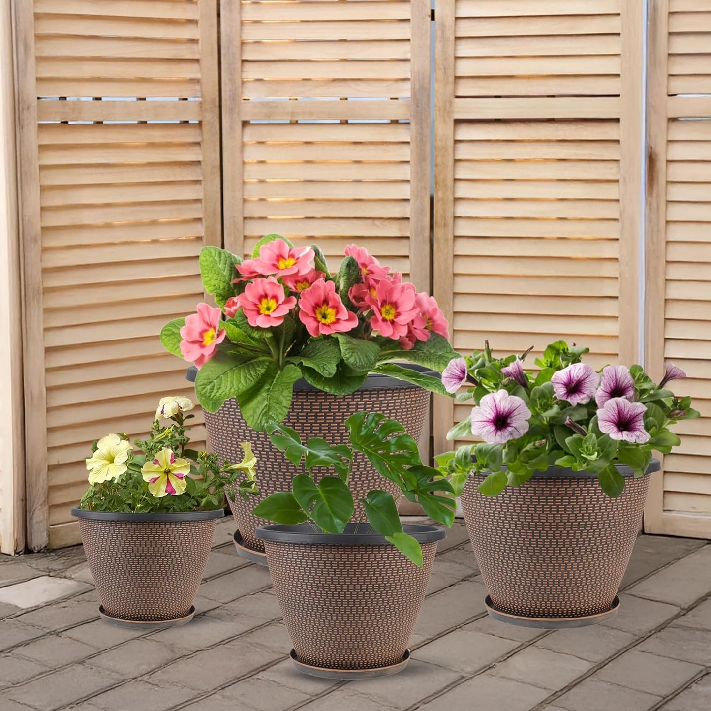 4 Pack 8 inch Plant Pot, Plastic Pots for Plants Indoor, Round Planters for Outdoor Plants with Drainage Holes & Trays, Decorative Flower Pots Garden Containers Sets for Houseplants (Black Copper)