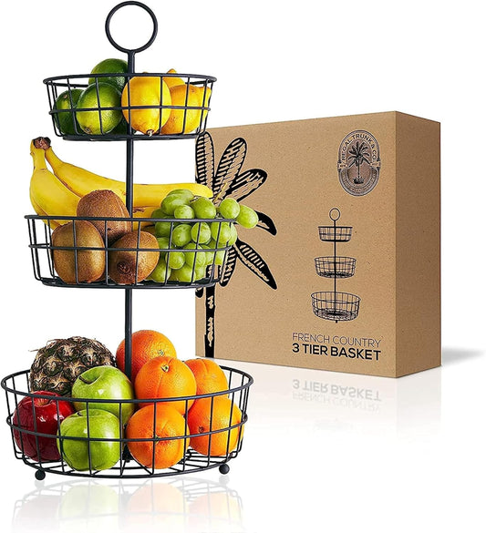 REGAL TRUNK & CO. 3 Tier Fruit Basket, Elegant French Country Wire Baskets, Three Tiered Wire Basket Stand for Vegetables, Bread & More for Countertop or Hanging, Christmas or Birthday Present