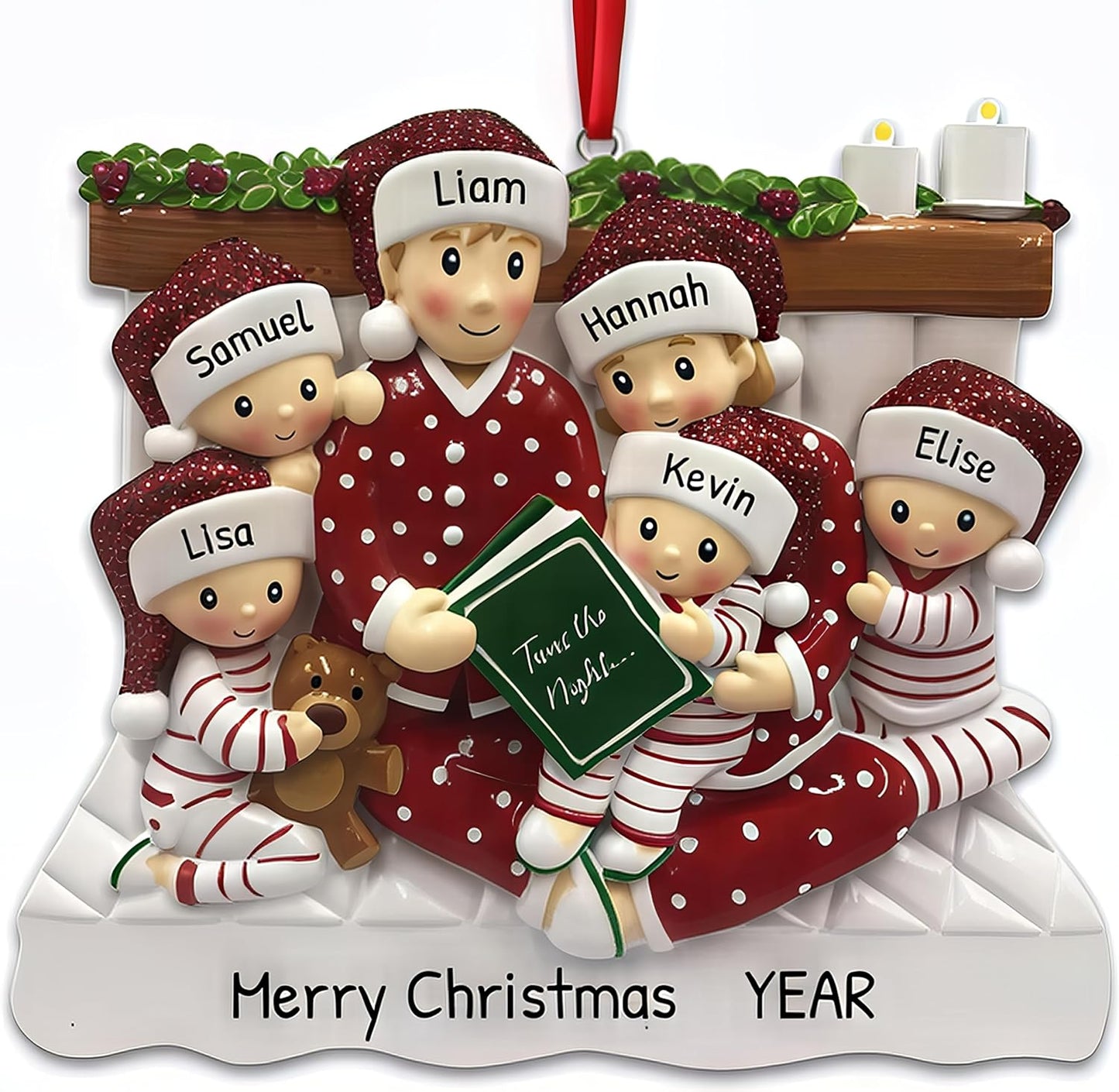 Bedtime Storytelling Family of 6 Christmas Ornament 2025 Personalized Family Christmas Ornaments 2025 | Holiday Reading Personalized Tree Ornaments Customizable Gifts Night and Book of Six Ornament