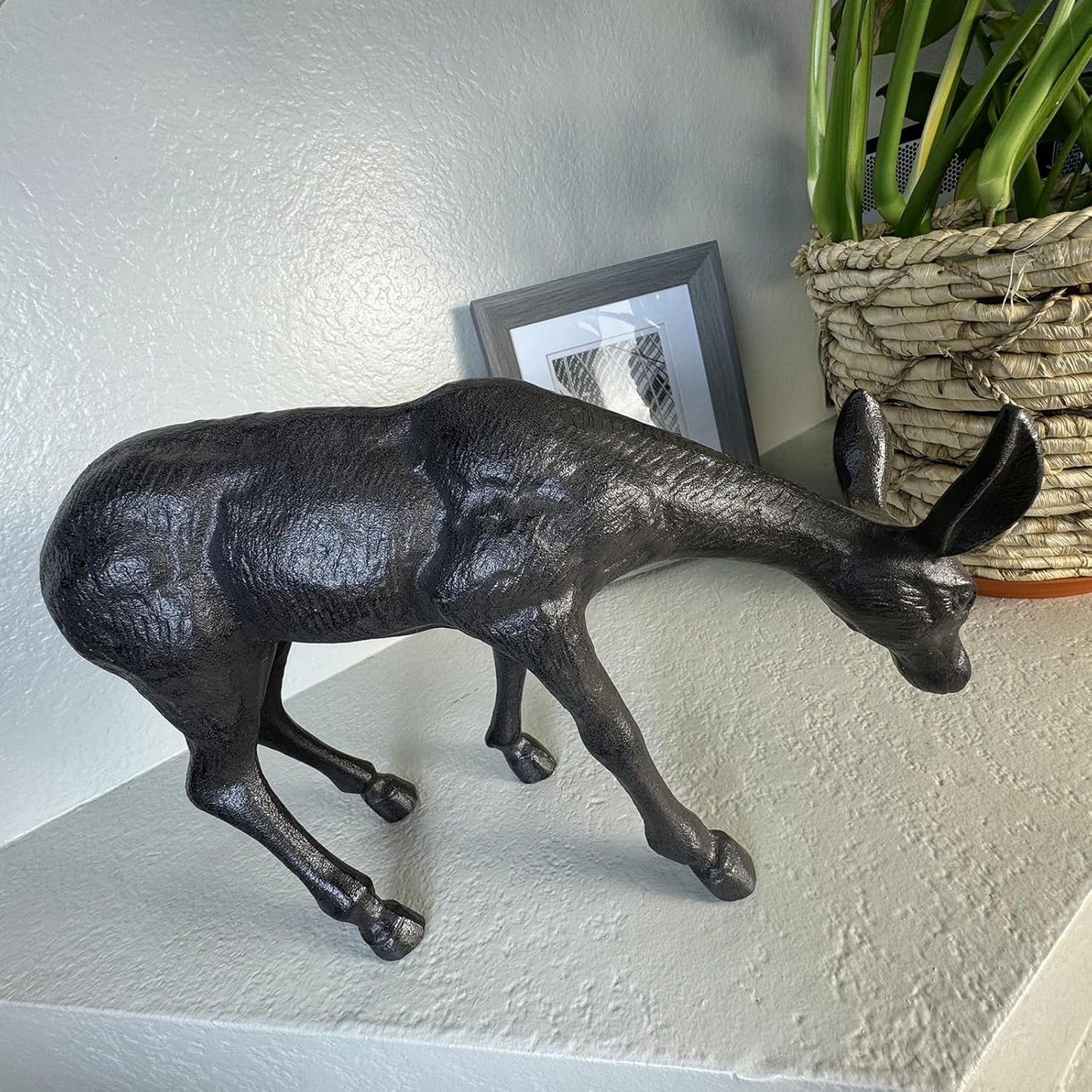 Cast Iron Deer Sculpture（11.4" Tall）, Realistic Lawn Garden Decor Statue, Lifelike Grazing Deer Figure, Outdoor/Indoor Decorative Art, Metal Animal Ornament HC3672