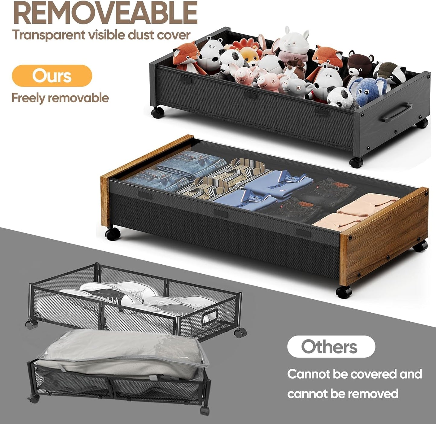 Wooden Under Bed Storage with Wheels, Rolling Under the Bed Storage Bins with Removable Lid, Metal Under Bed Drawers for Clothes and Shoes in Bedroom or Living Room(Black Wood-1pack)